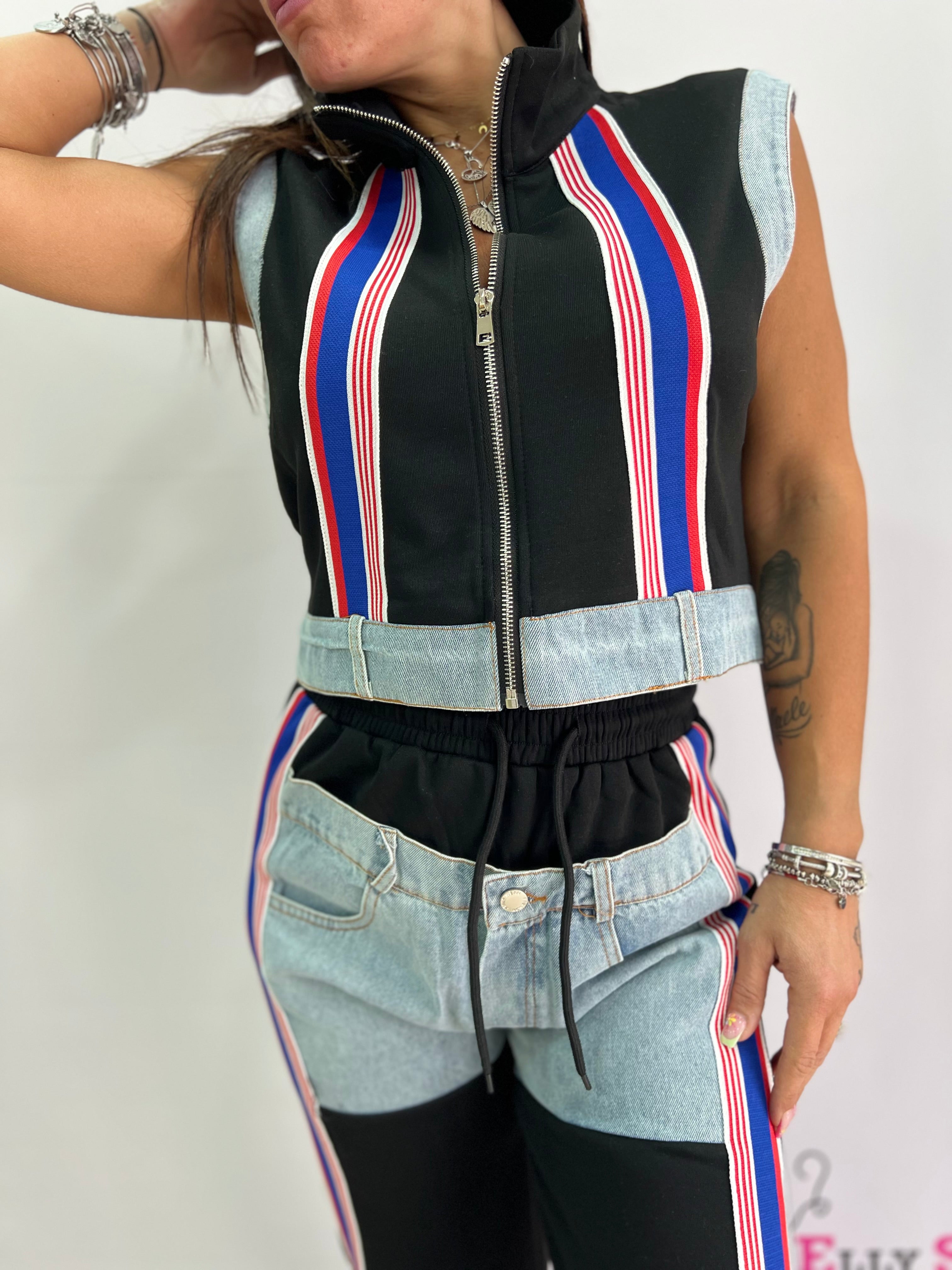 Completo donna smanicato con zip e dettaglio jeans – taglia unica fino a L