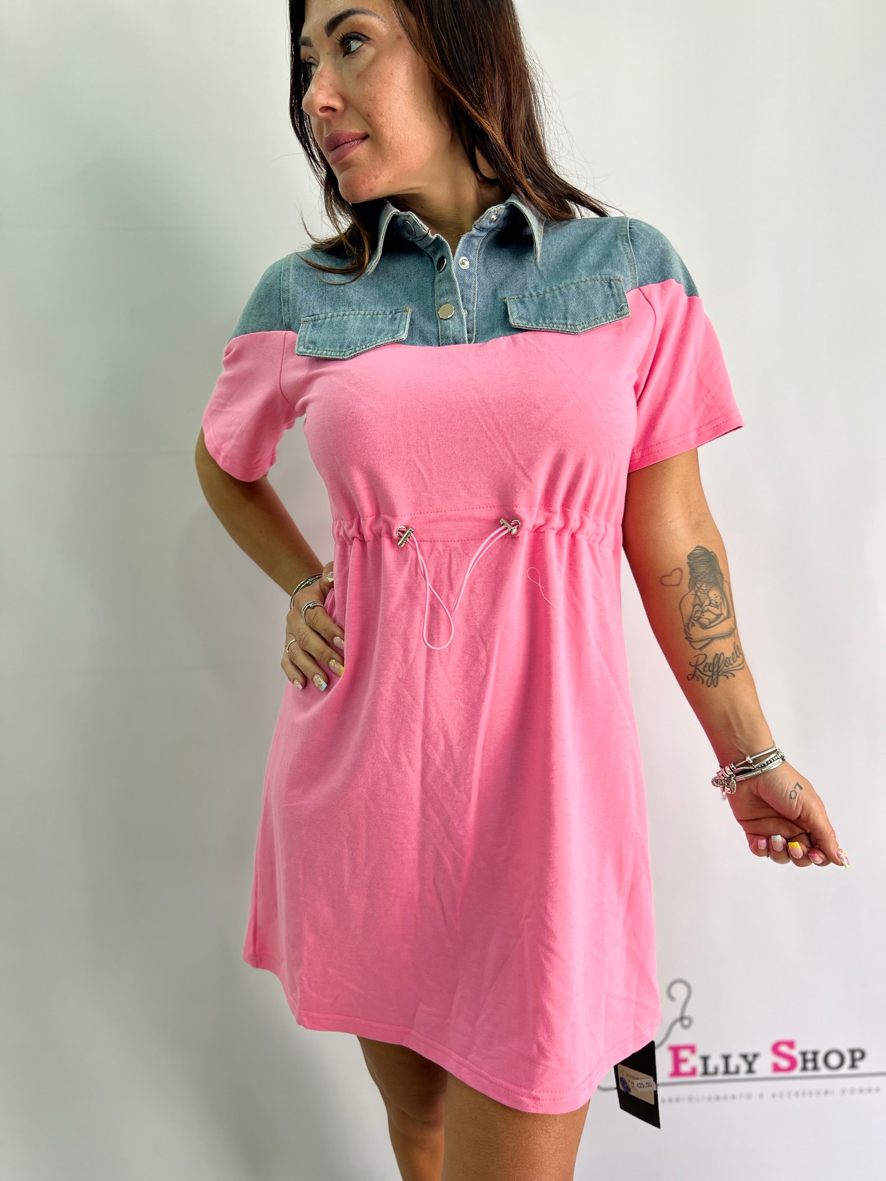 Vestito Casual Denim e Stoffa con Lacci