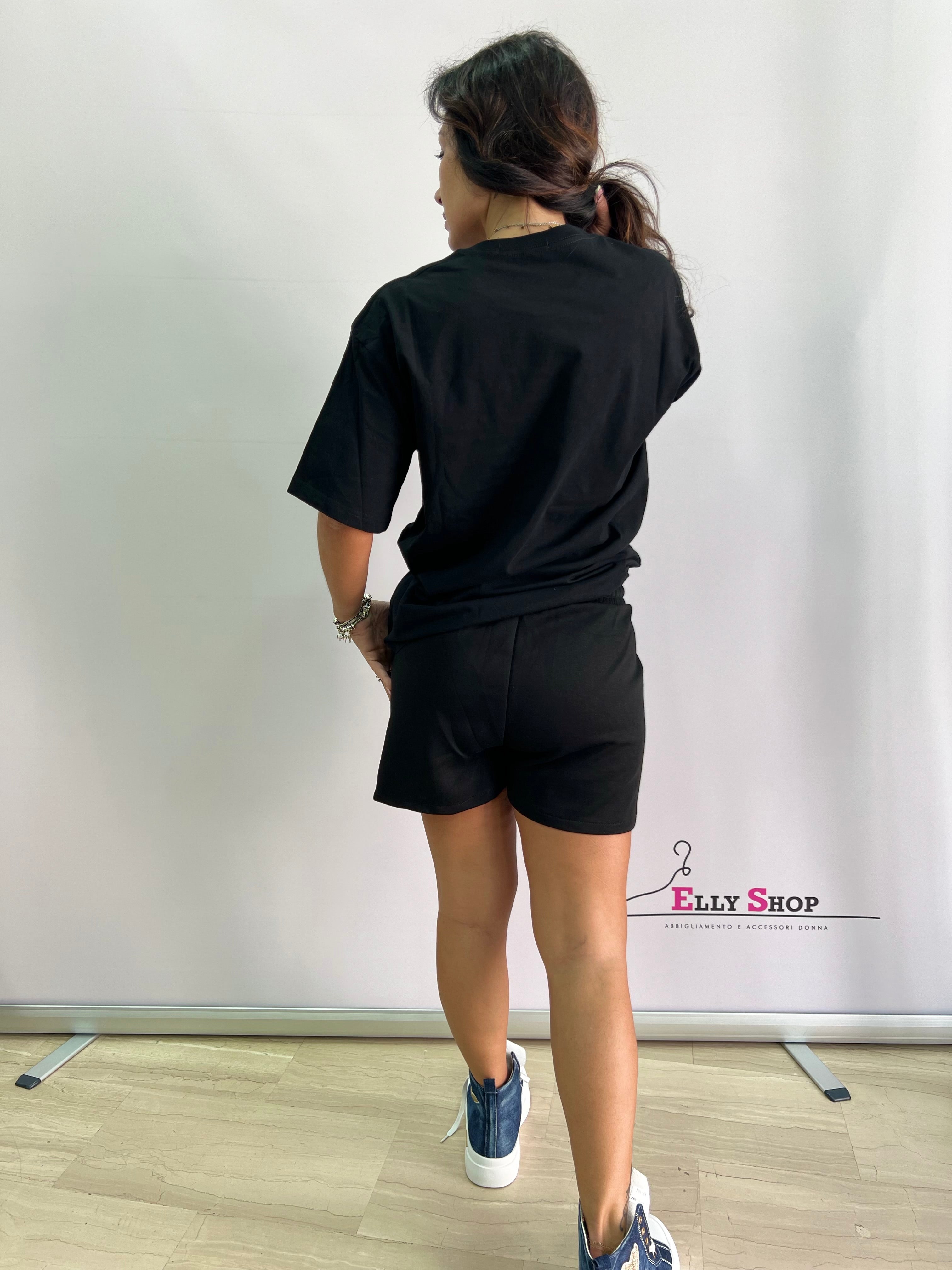 Completo donna estivo con stampa denim e strass – Taglia unica L/XL