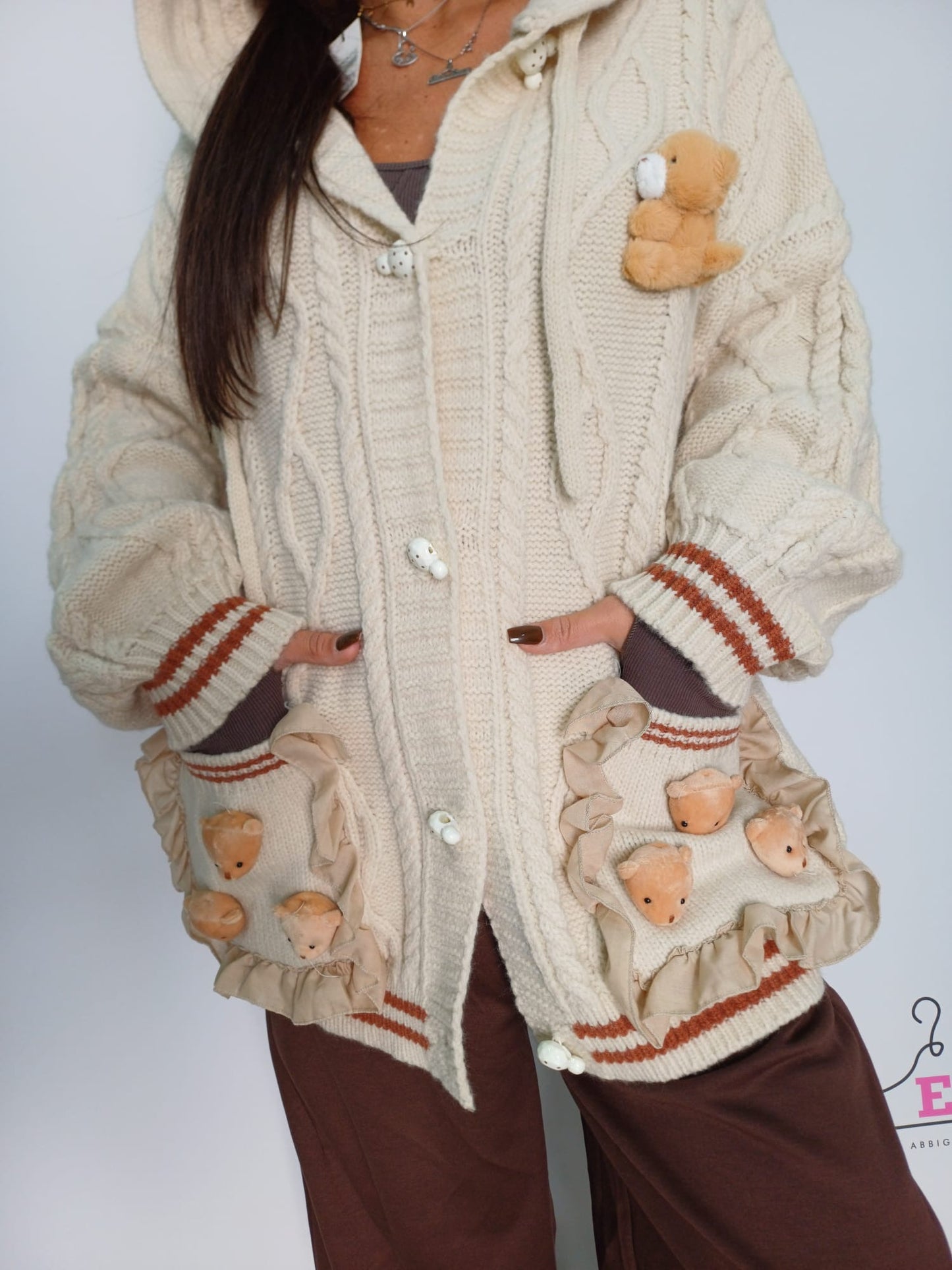 Cardigan donna cappuccio con dettagli peluche