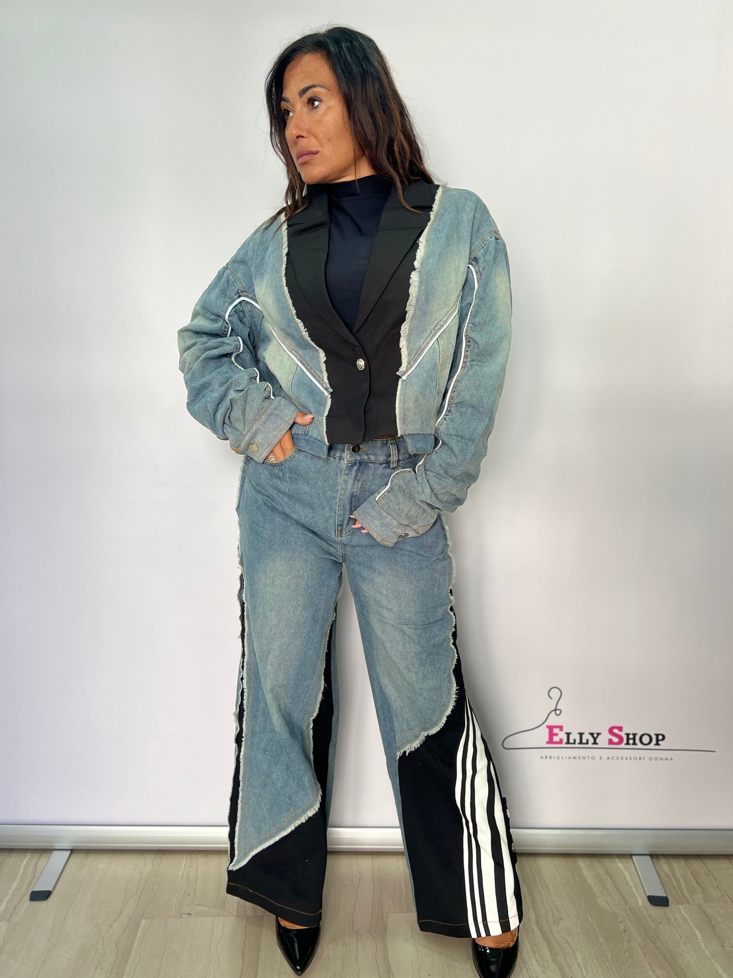 Completo denim e stoffa giacca e pantalone