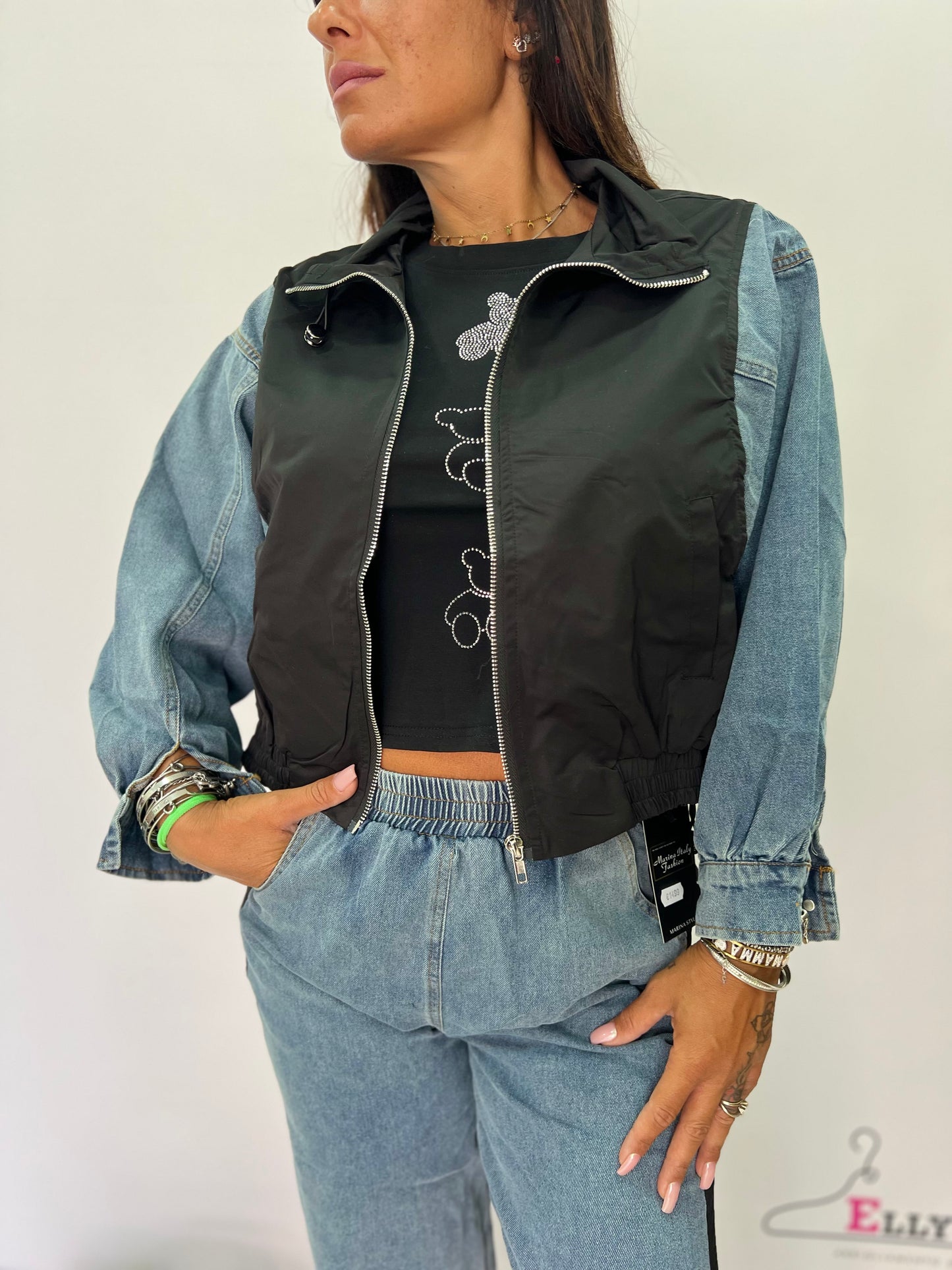 Completo donna in denim e acetato con bande laterali – look casual sportivo SM/ML