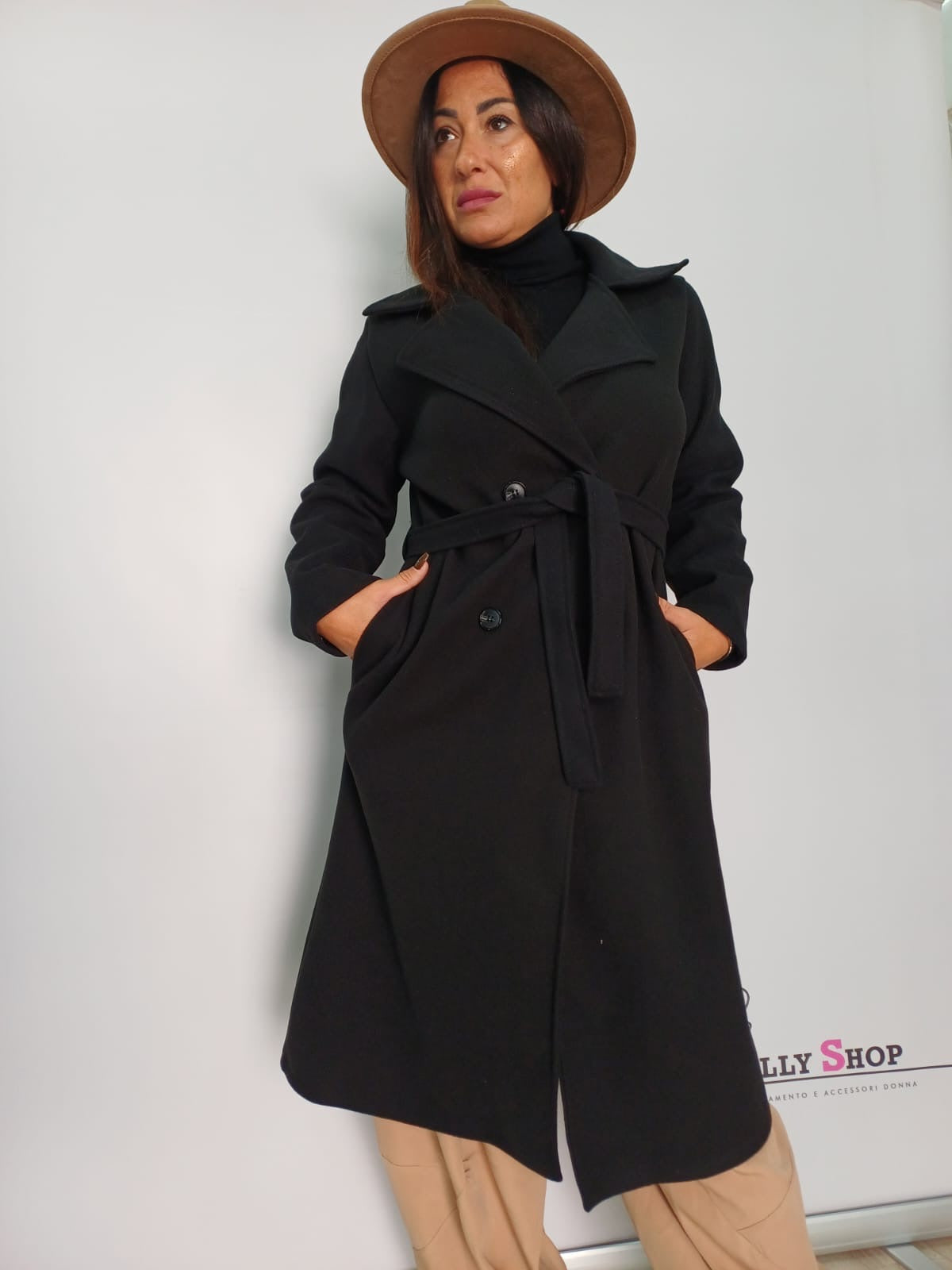 Cappotto lungo nero con cintura donna