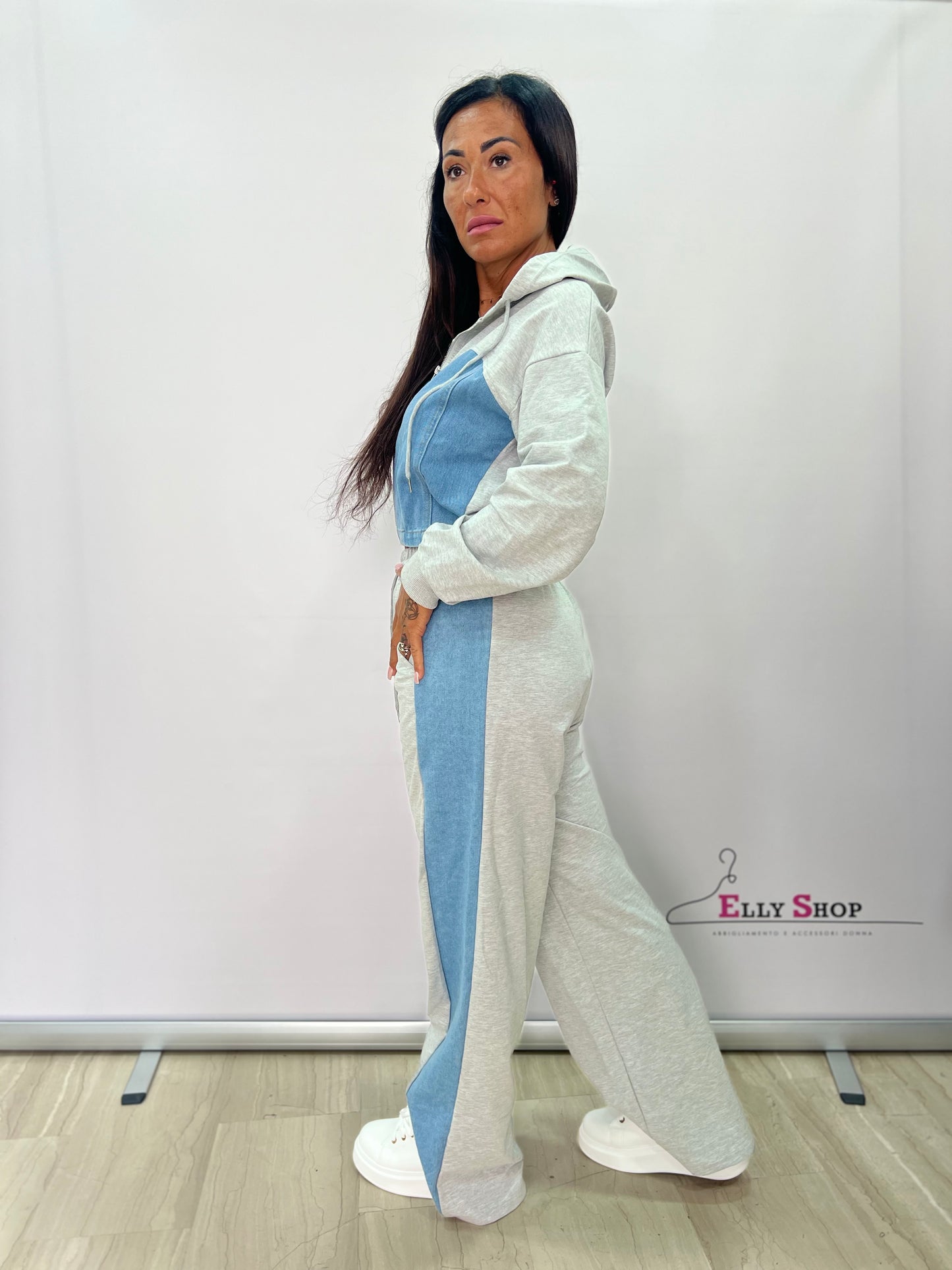 Completo Donna Sportivo con Felpa in Denim e Pantaloni Larghi – Nero o Grigio Autunno/Inverno