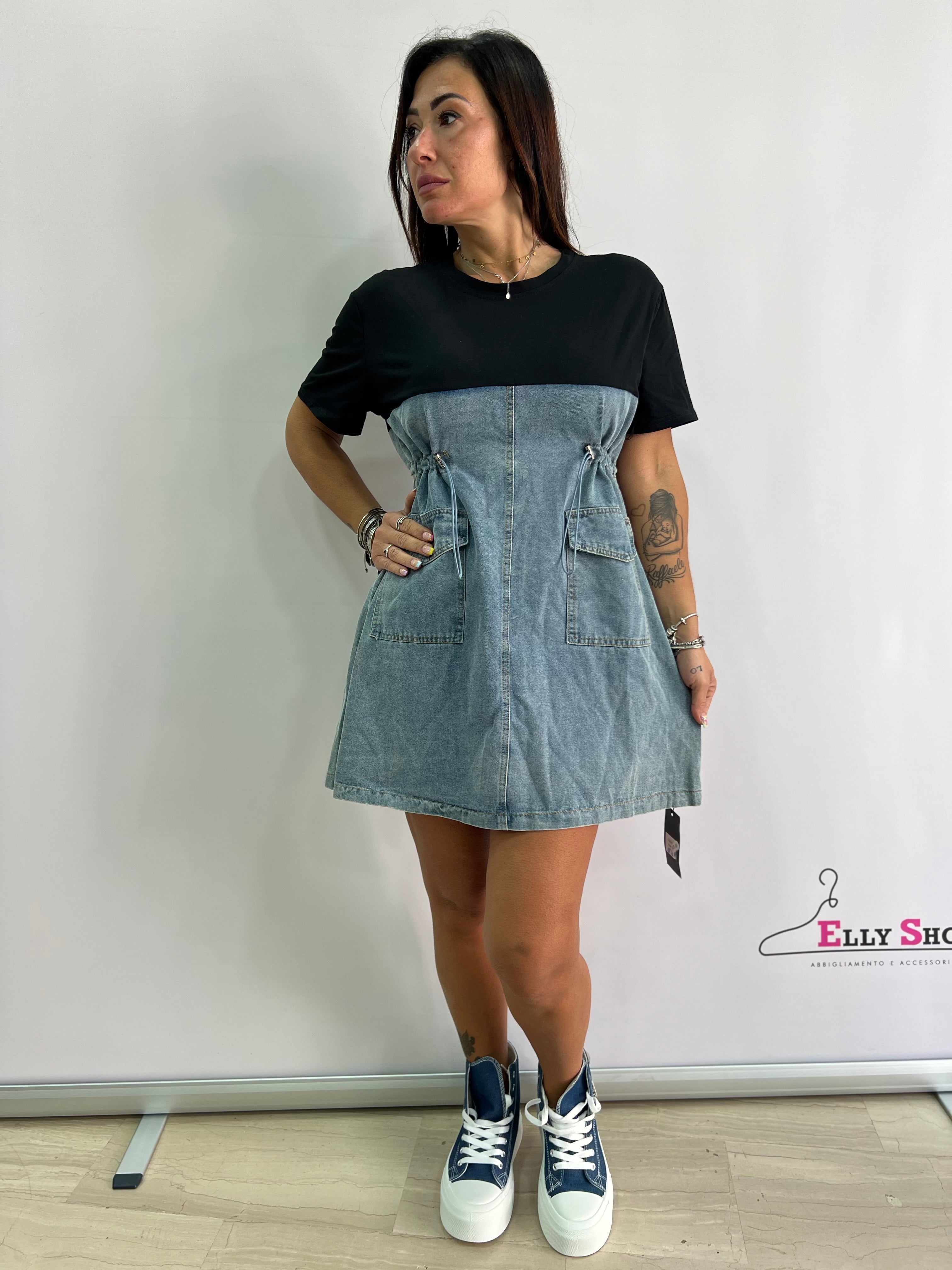 Vestito in Denim e Stoffa Tasche Laterali