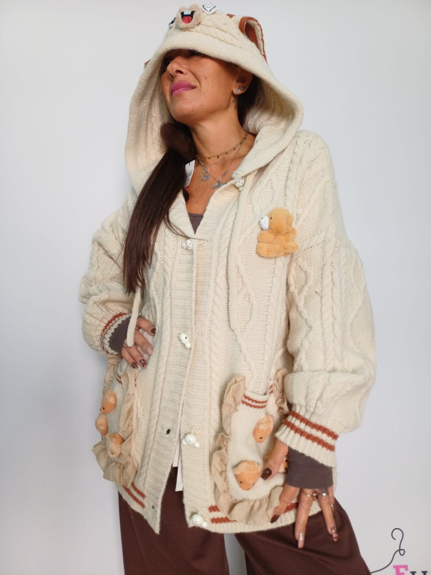 Cardigan donna cappuccio con dettagli peluche