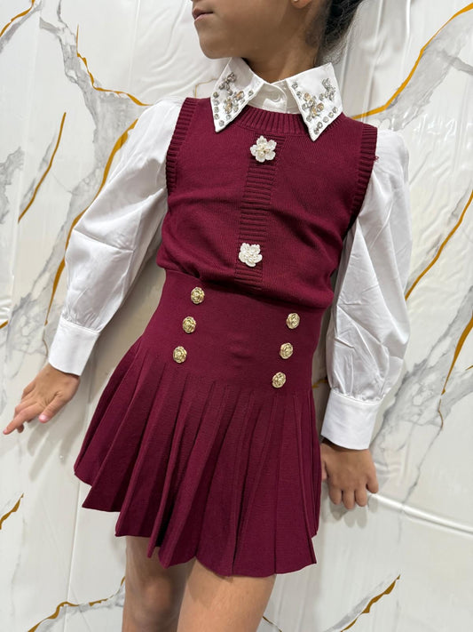 Completo bambina elegante gonna pieghe e gilet bordeaux con camicia bianca