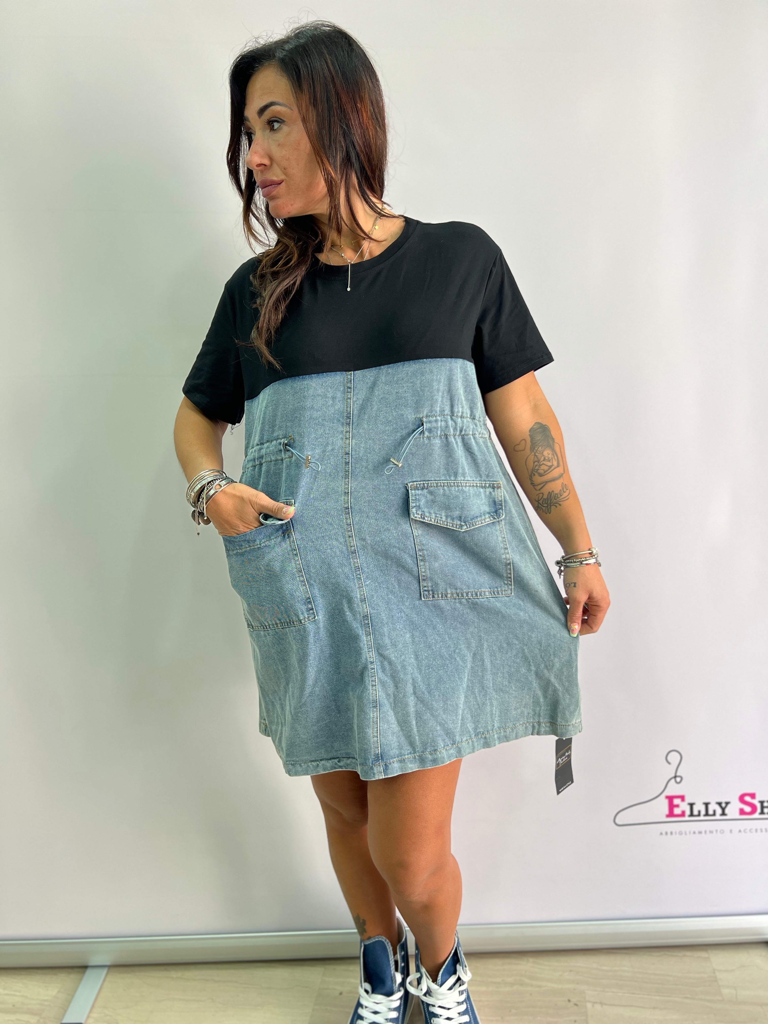 Vestito in Denim e Stoffa Tasche Laterali