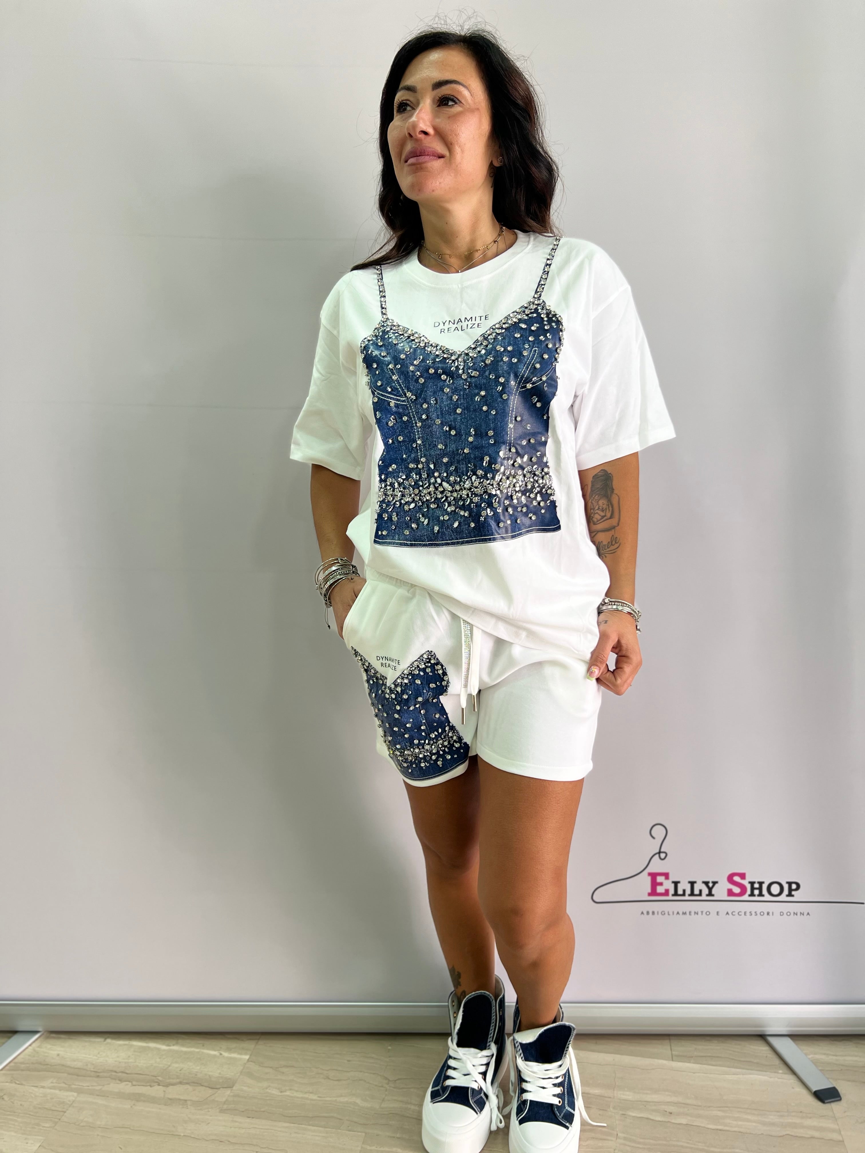 Completo donna estivo con stampa denim e strass – Taglia unica L/XL