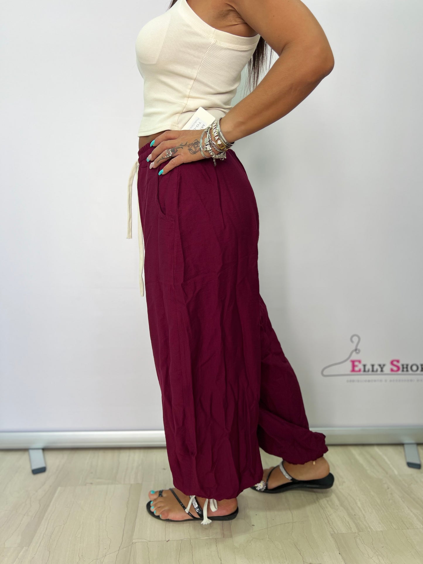 Pantaloni donna ampi estivi con coulisse – Taglia unica 40–46, vari colori