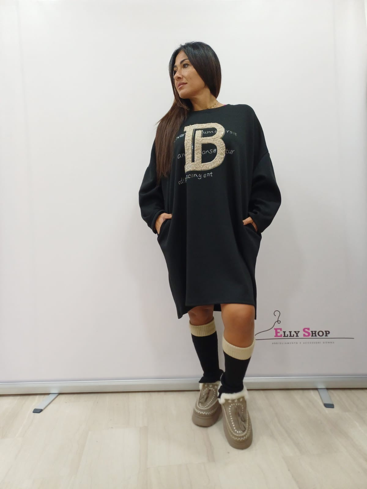 Abito felpa marrone curvy con stampa frontale