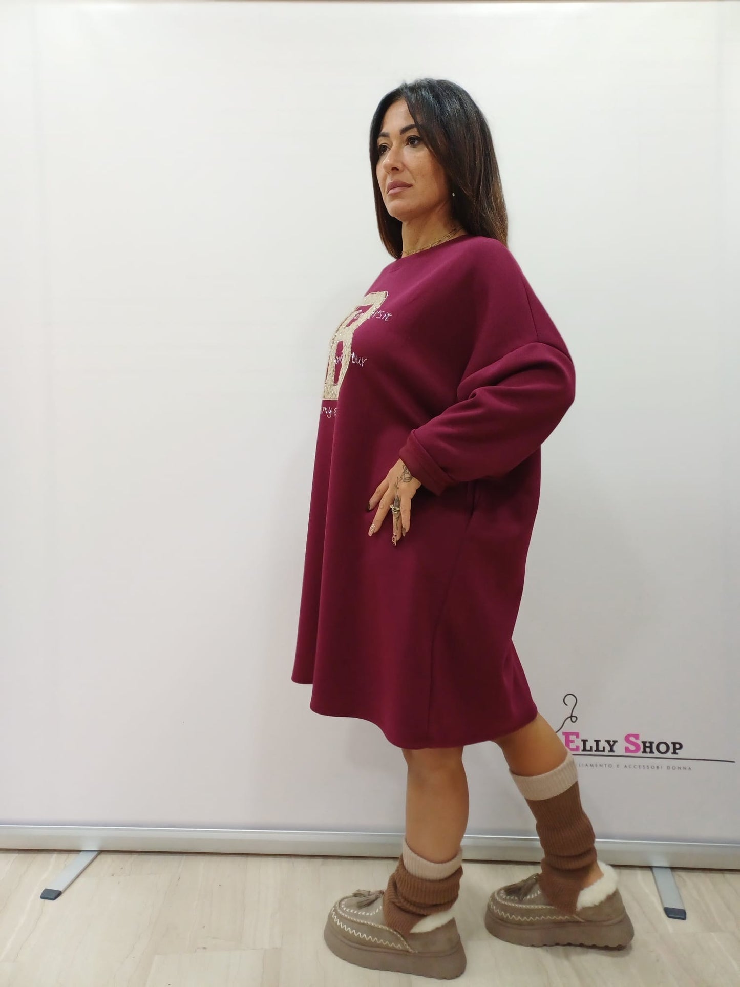 Abito felpa marrone curvy con stampa frontale