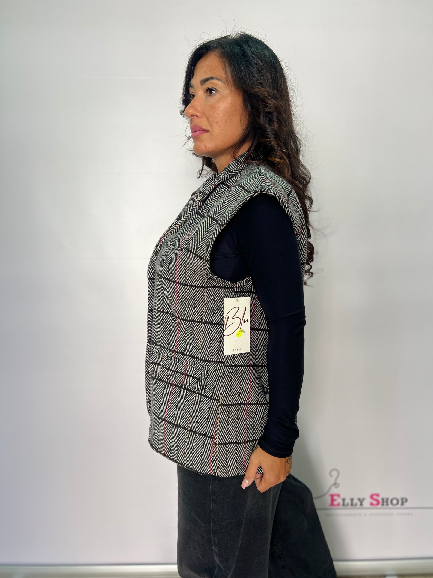 Gilet donna quadroni con spille