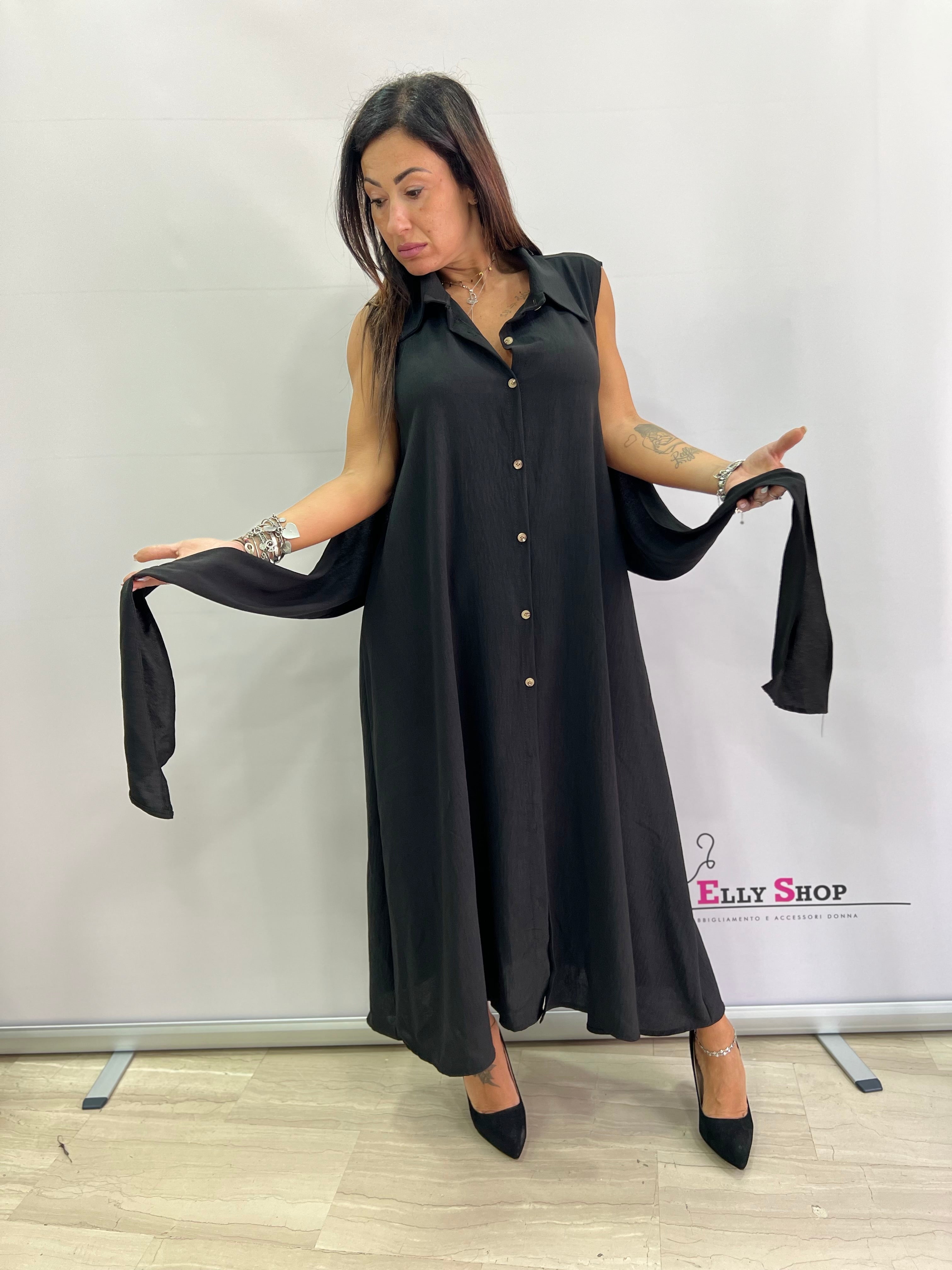 Abito lungo curvy donna smanicato con cintura – nero, verde militare o arancio
