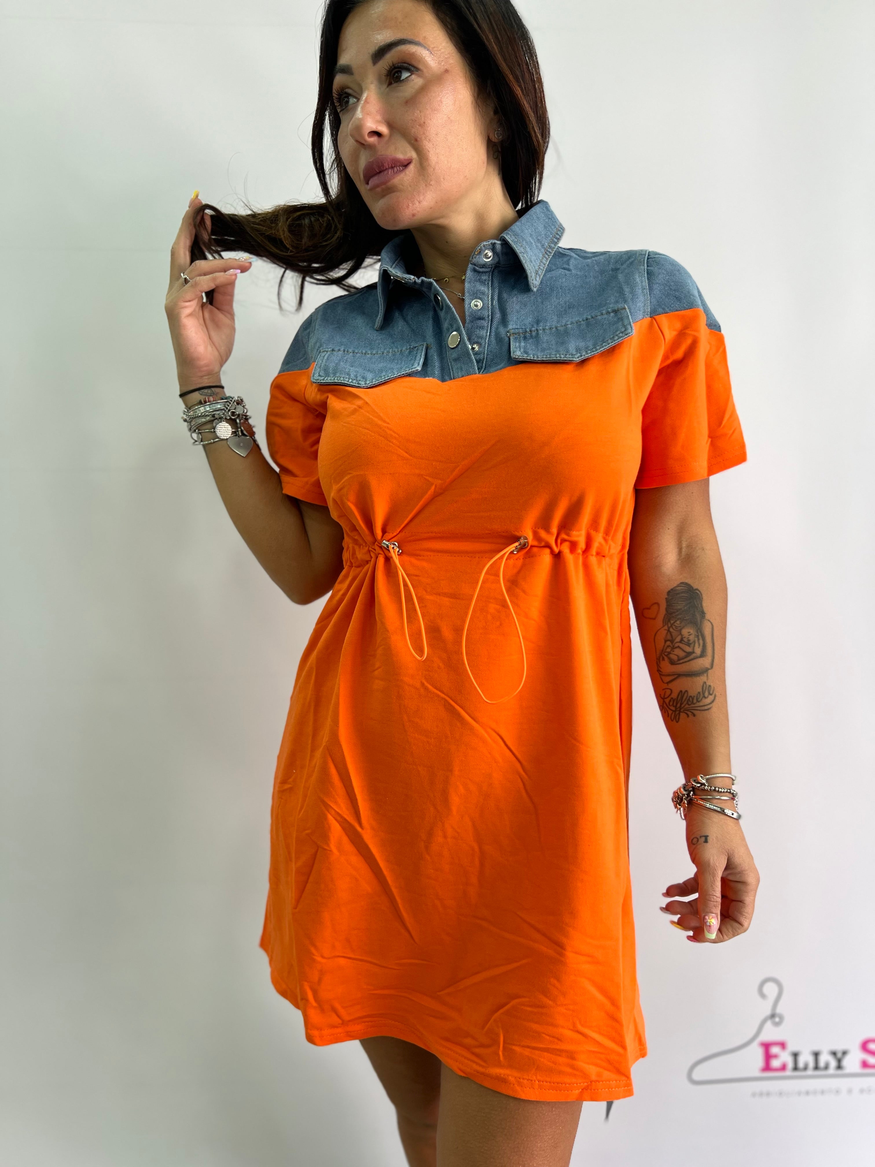 Vestito Casual Denim e Stoffa con Lacci