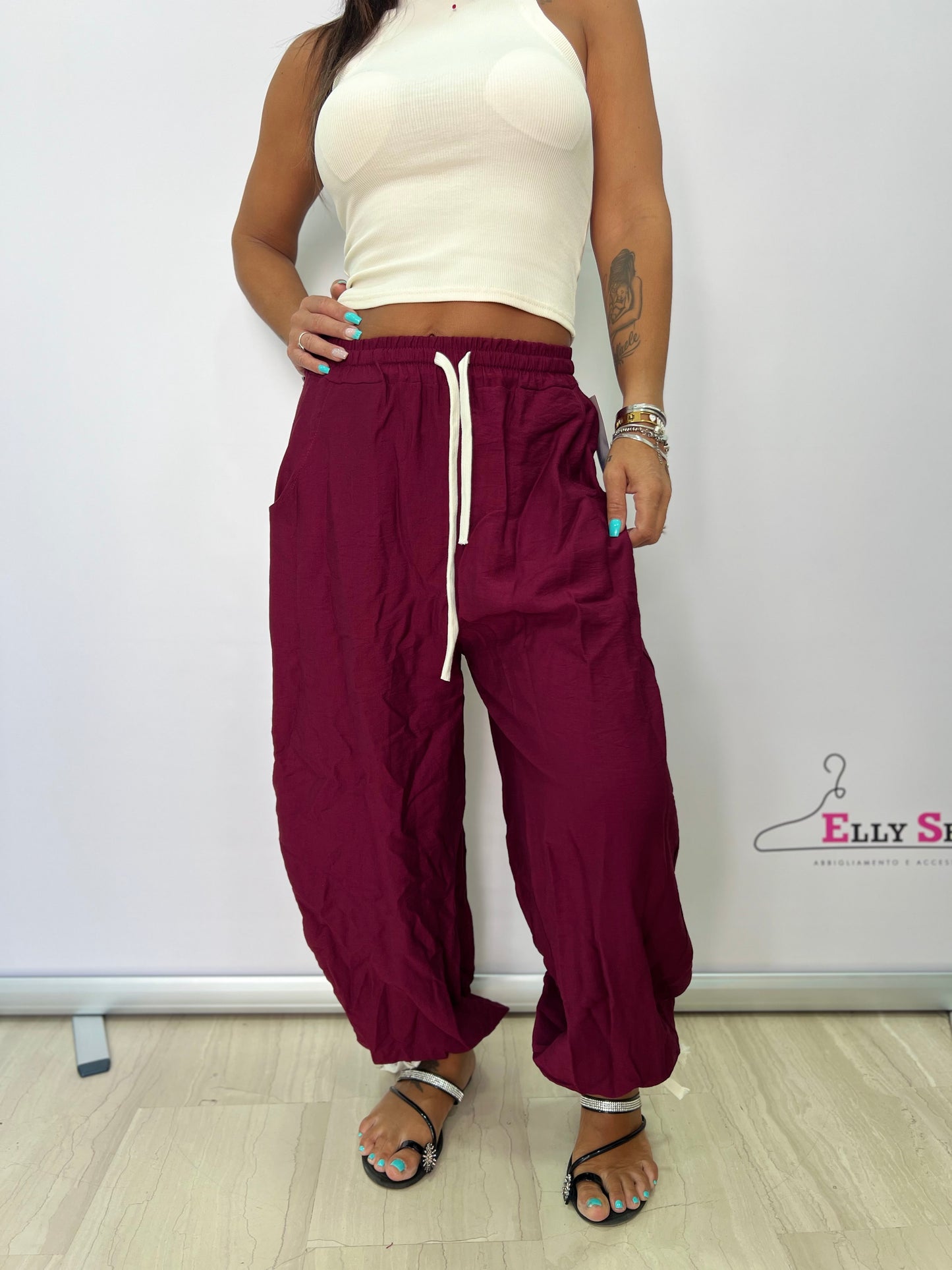 Pantaloni donna ampi estivi con coulisse – Taglia unica 40–46, vari colori