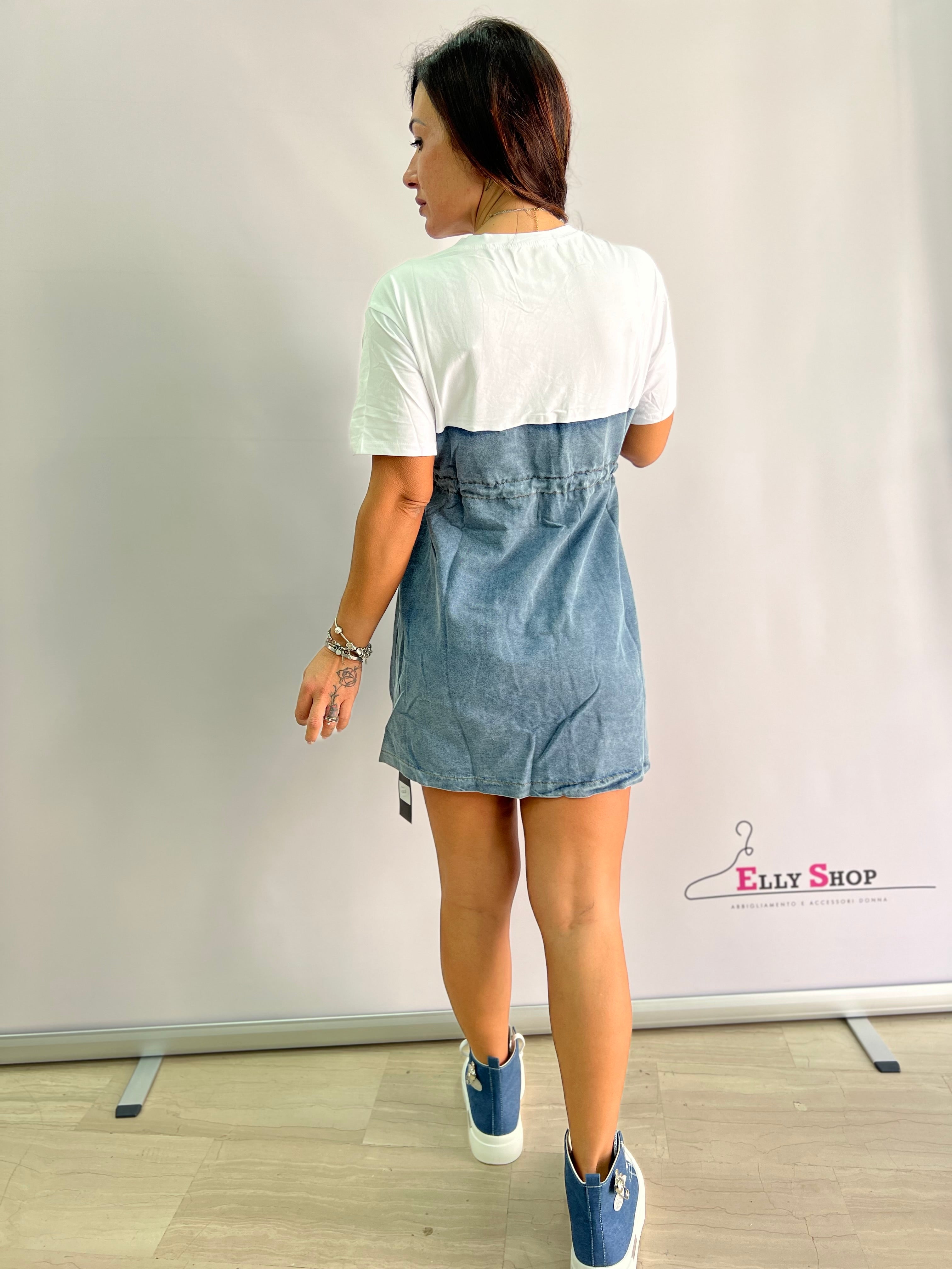 Vestito in Denim e Stoffa Tasche Laterali