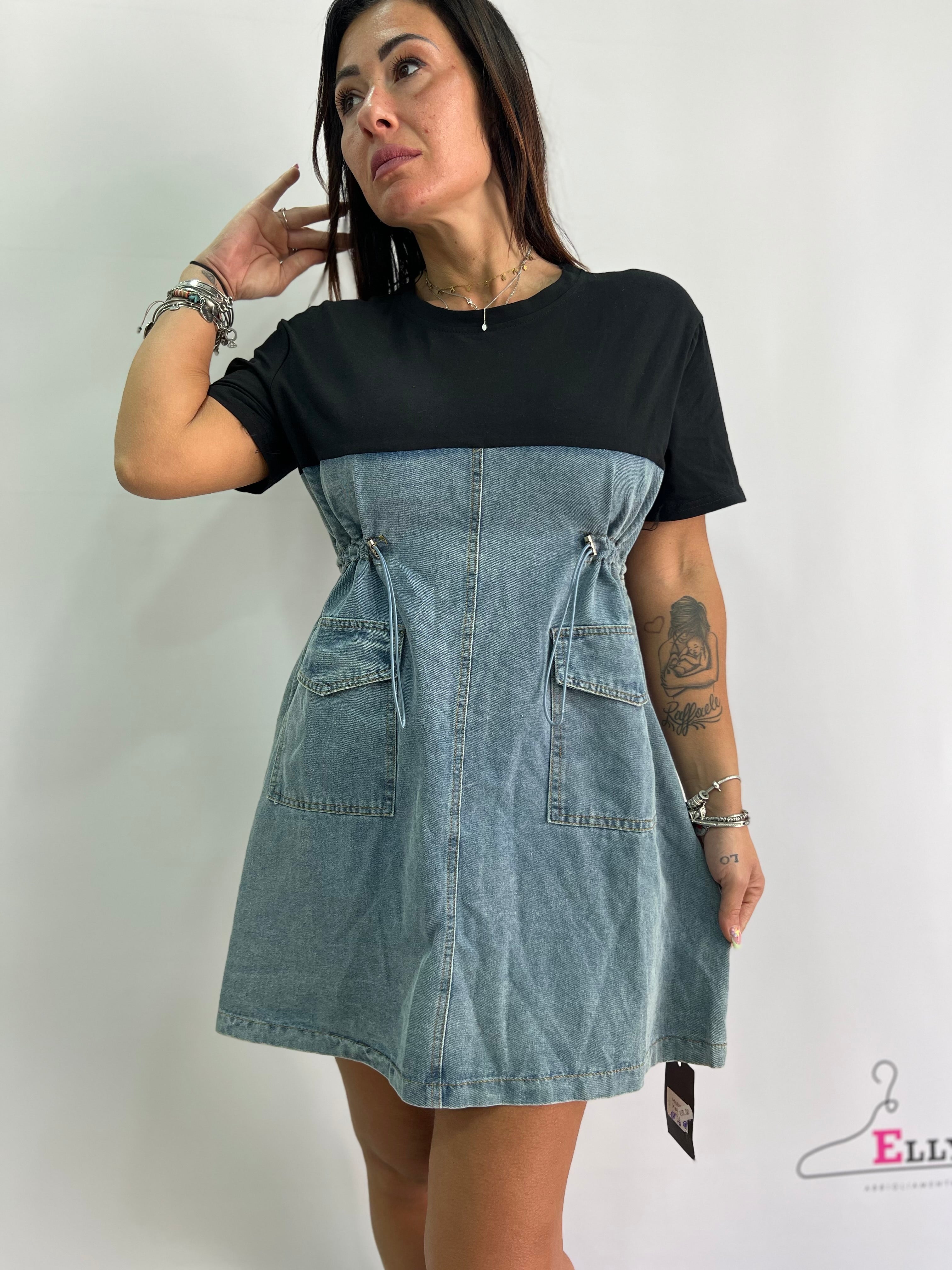 Vestito in Denim e Stoffa Tasche Laterali