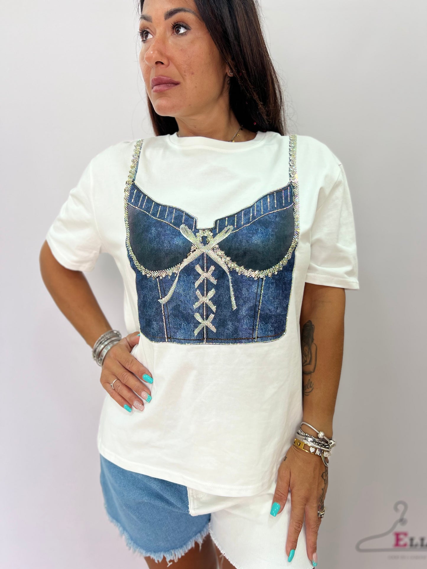 T-shirt bianca donna con stampa corsetto denim e dettagli glitter taglia unica