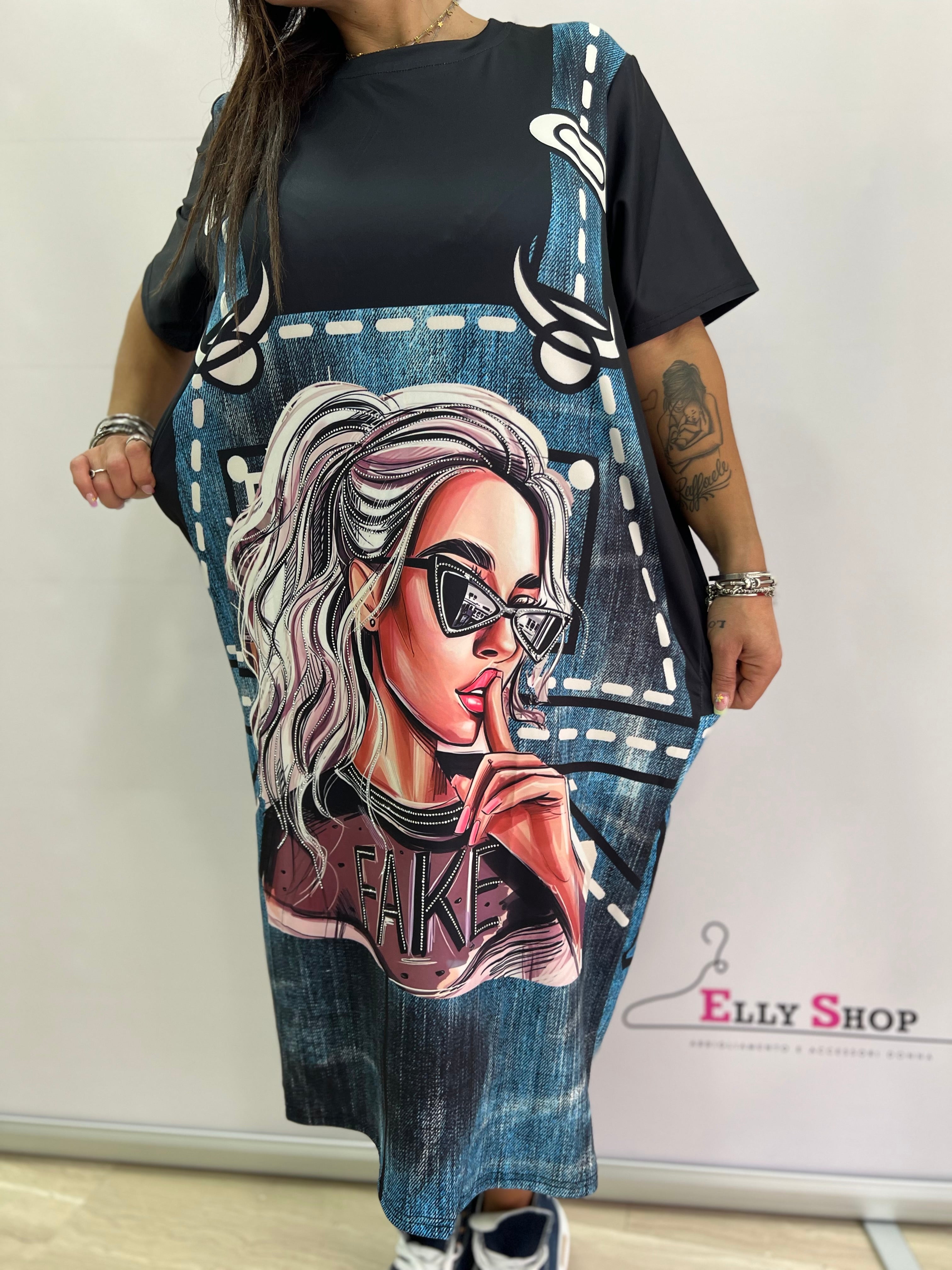 Abito lungo donna con stampa salopette e grafica – taglia unica fino a XXL