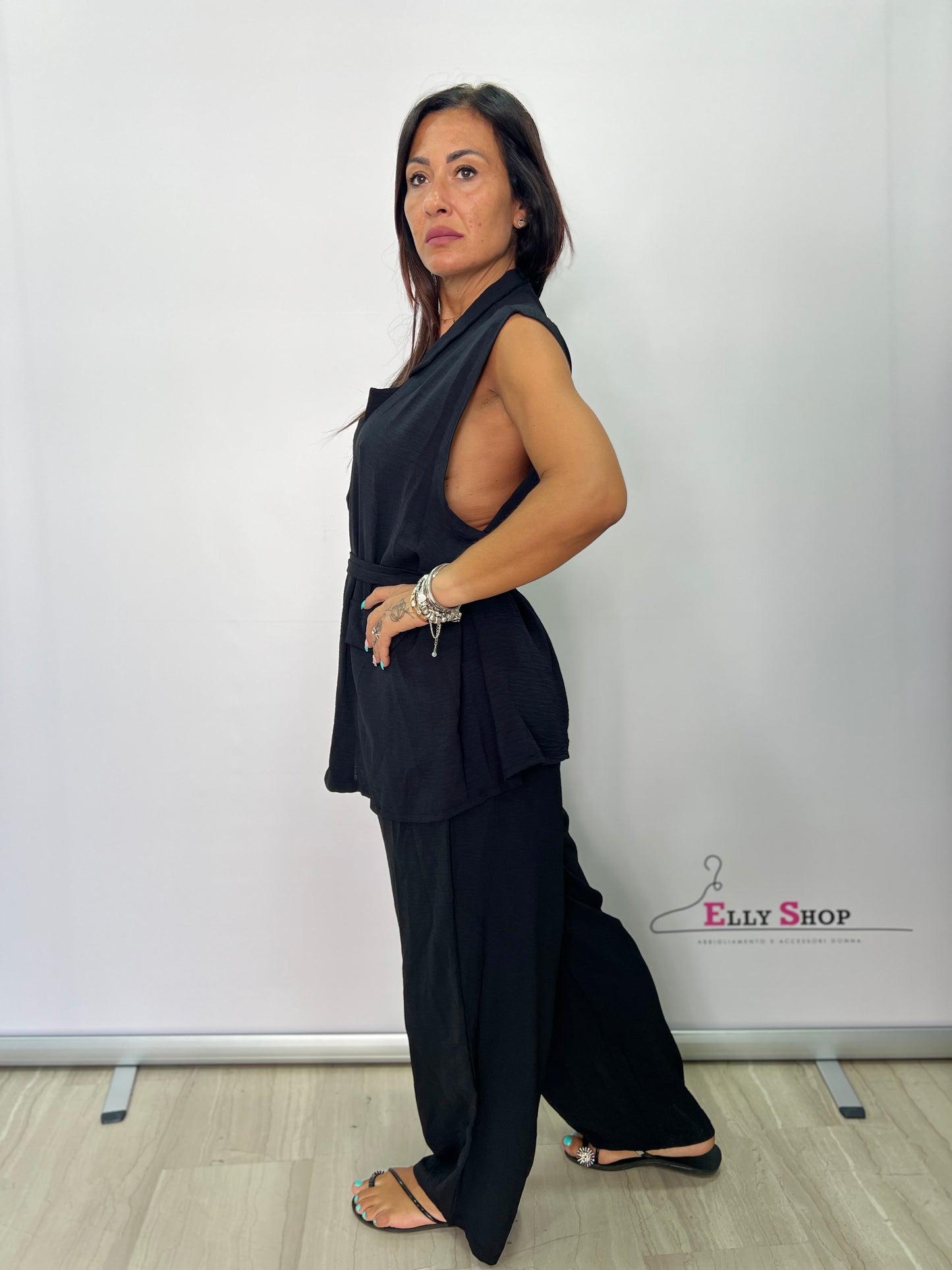 Completo curvy pantalone donna elegante con gilet lungo senza maniche – Blu, Nero, Fuxia