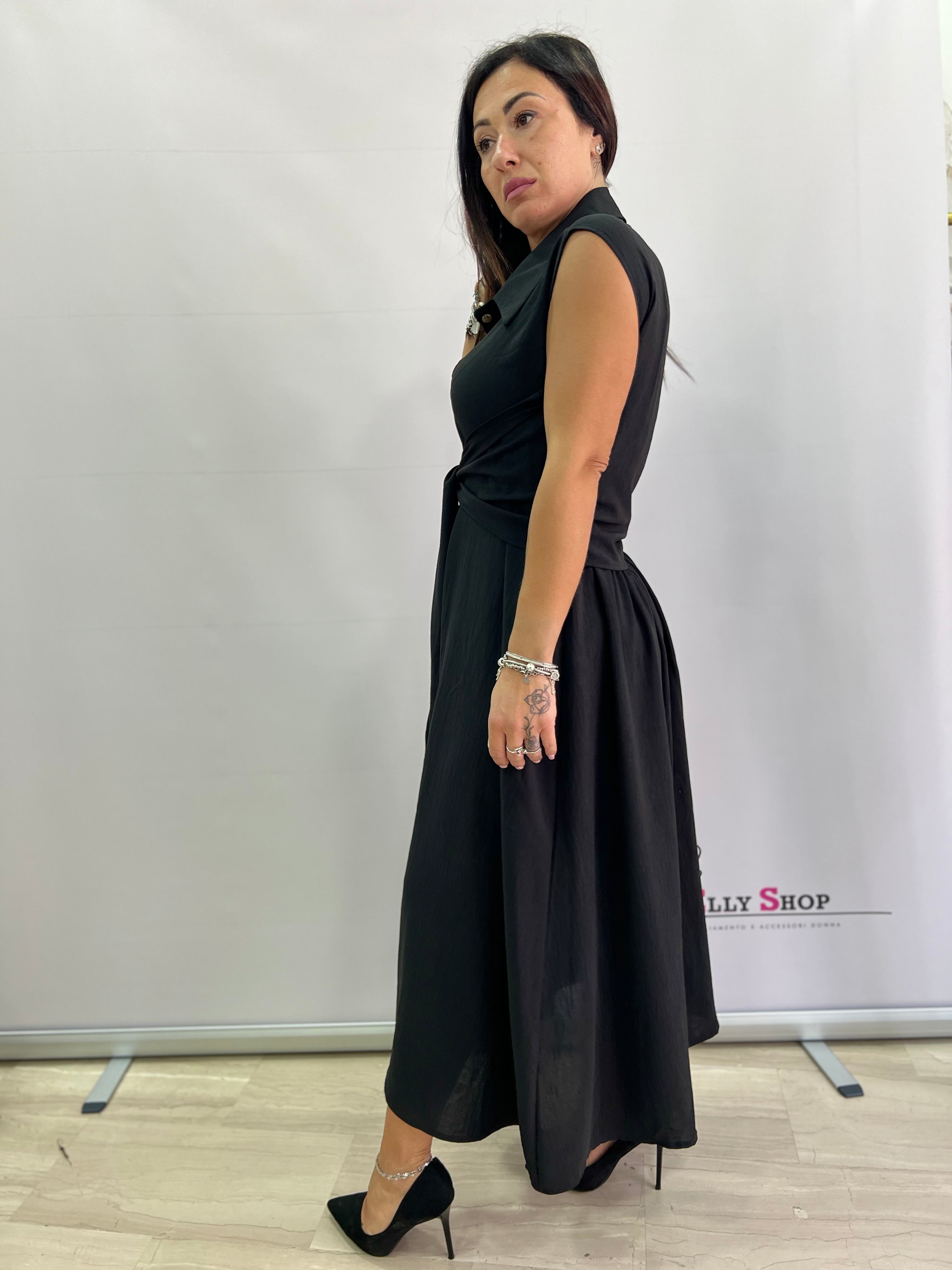Abito lungo curvy donna smanicato con cintura – nero, verde militare o arancio