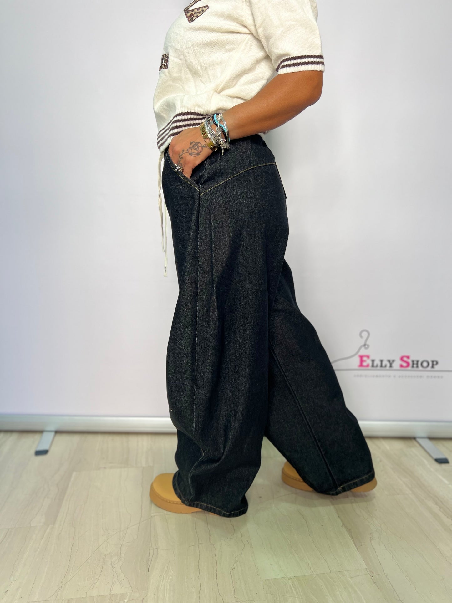 Pantalone in denim con molla in vita balloon