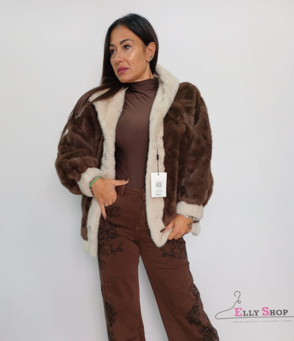 Giaccone donna eco-pelliccia bicolore con cappuccio