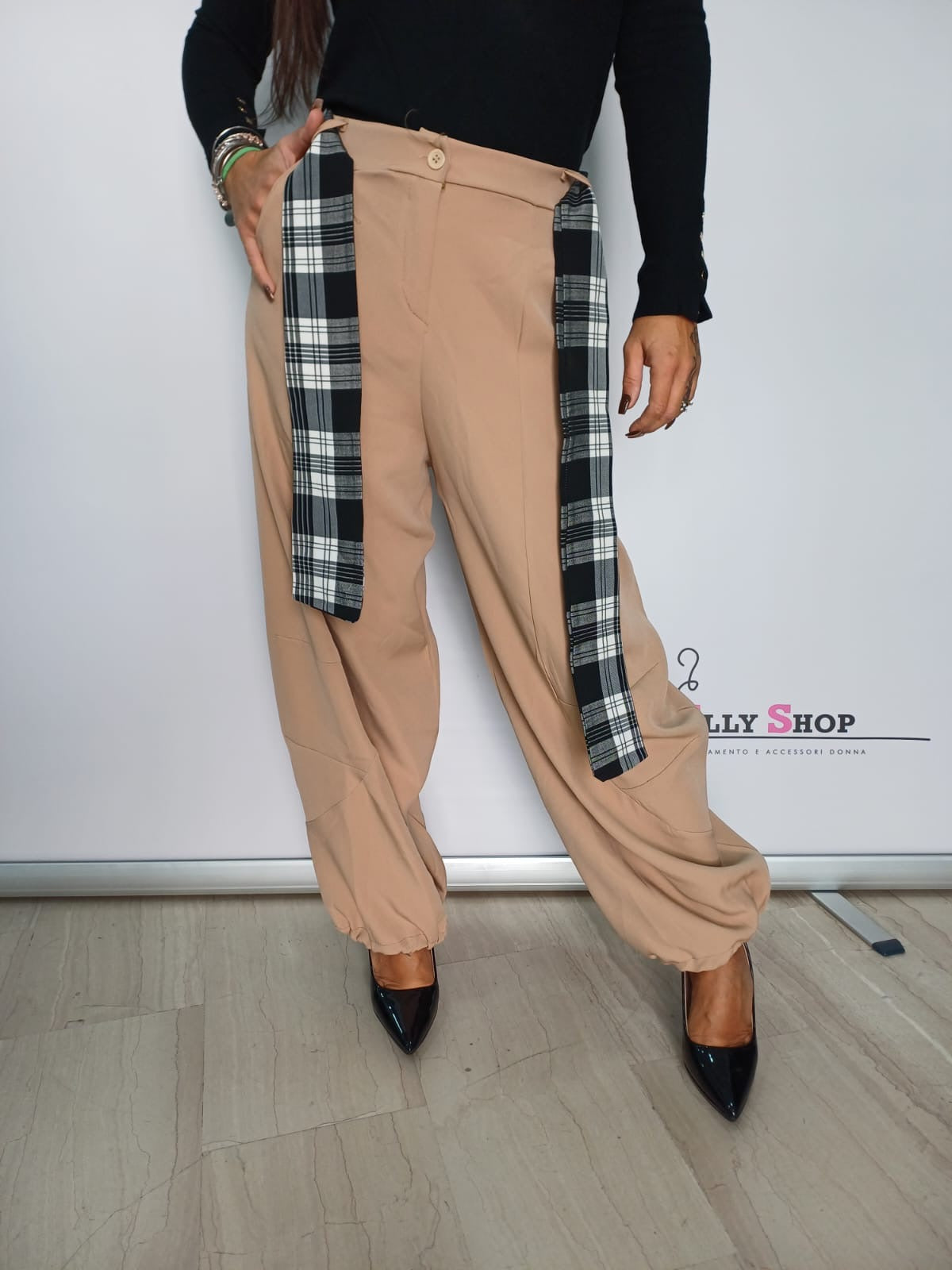 Pantalone donna bretelle scozzese