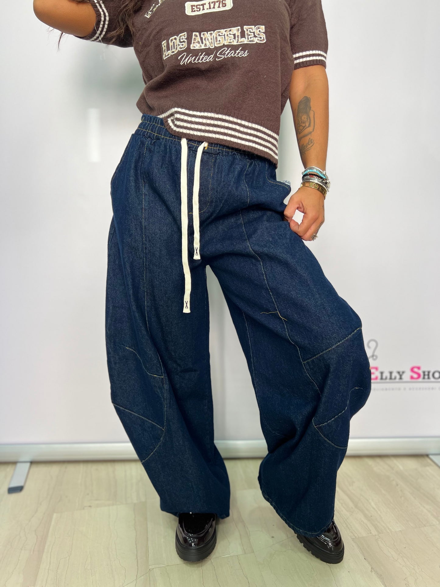 Pantalone in denim con molla in vita balloon