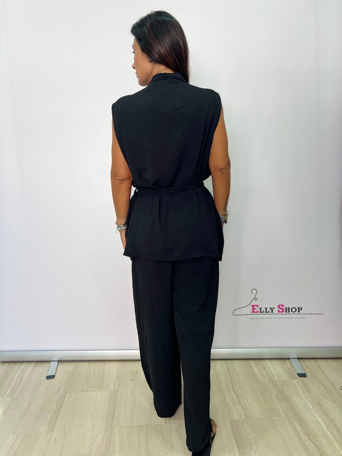 Completo curvy pantalone donna elegante con gilet lungo senza maniche – Blu, Nero, Fuxia