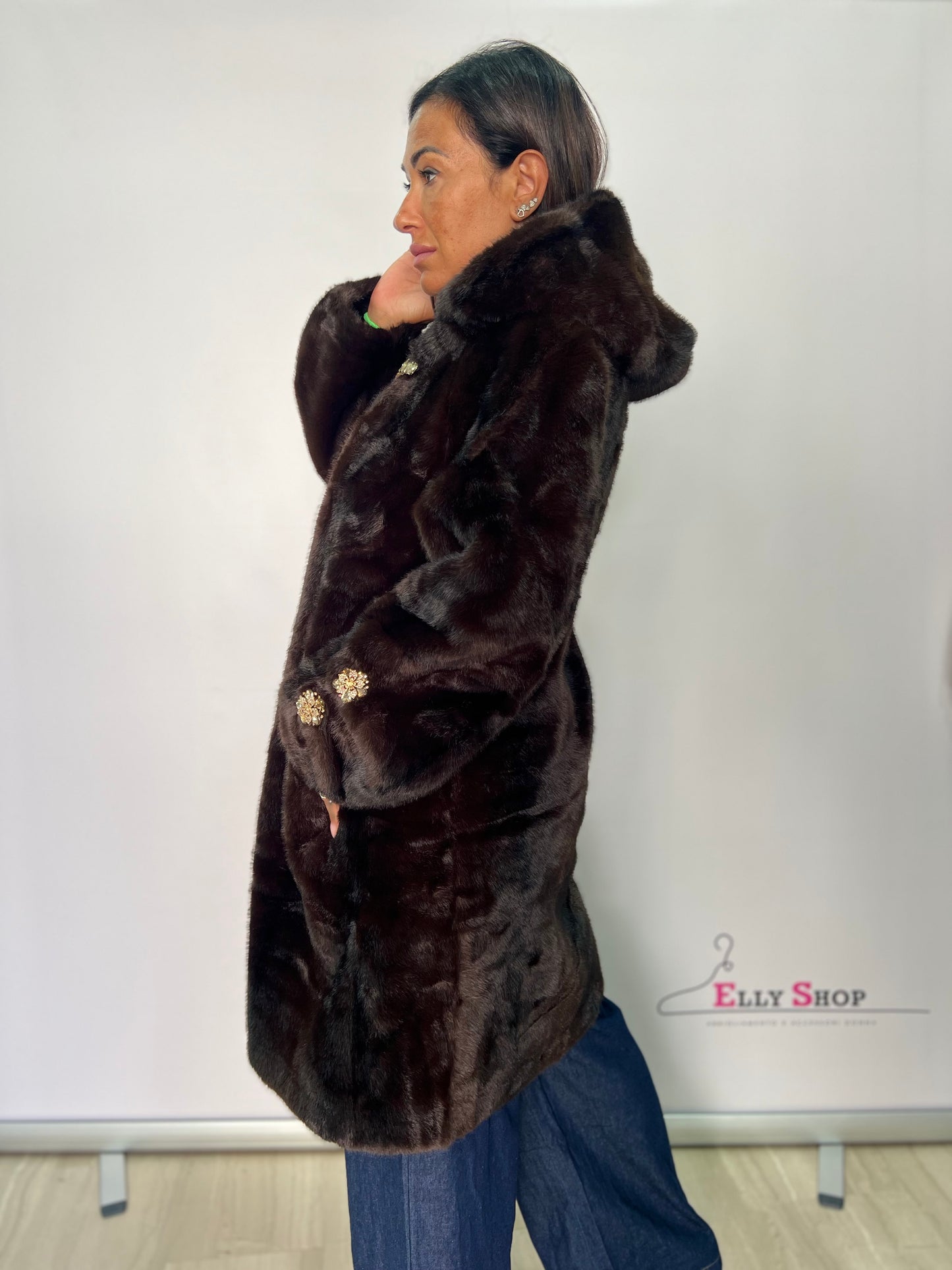 Pelliccia lunga donna con cappuccio in ecopelliccia visone – taglia unica beige o marrone fino alla 46