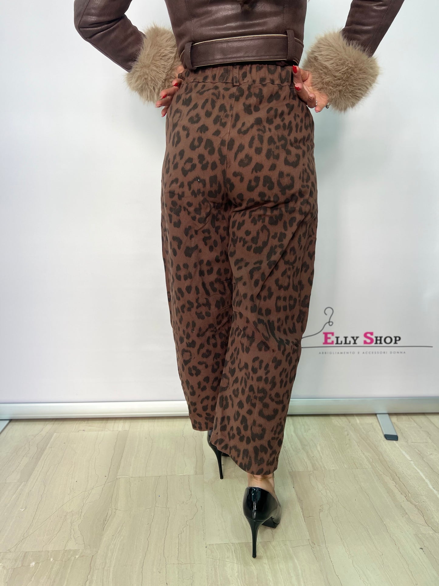 Jeans donna animalier vita alta marrone
