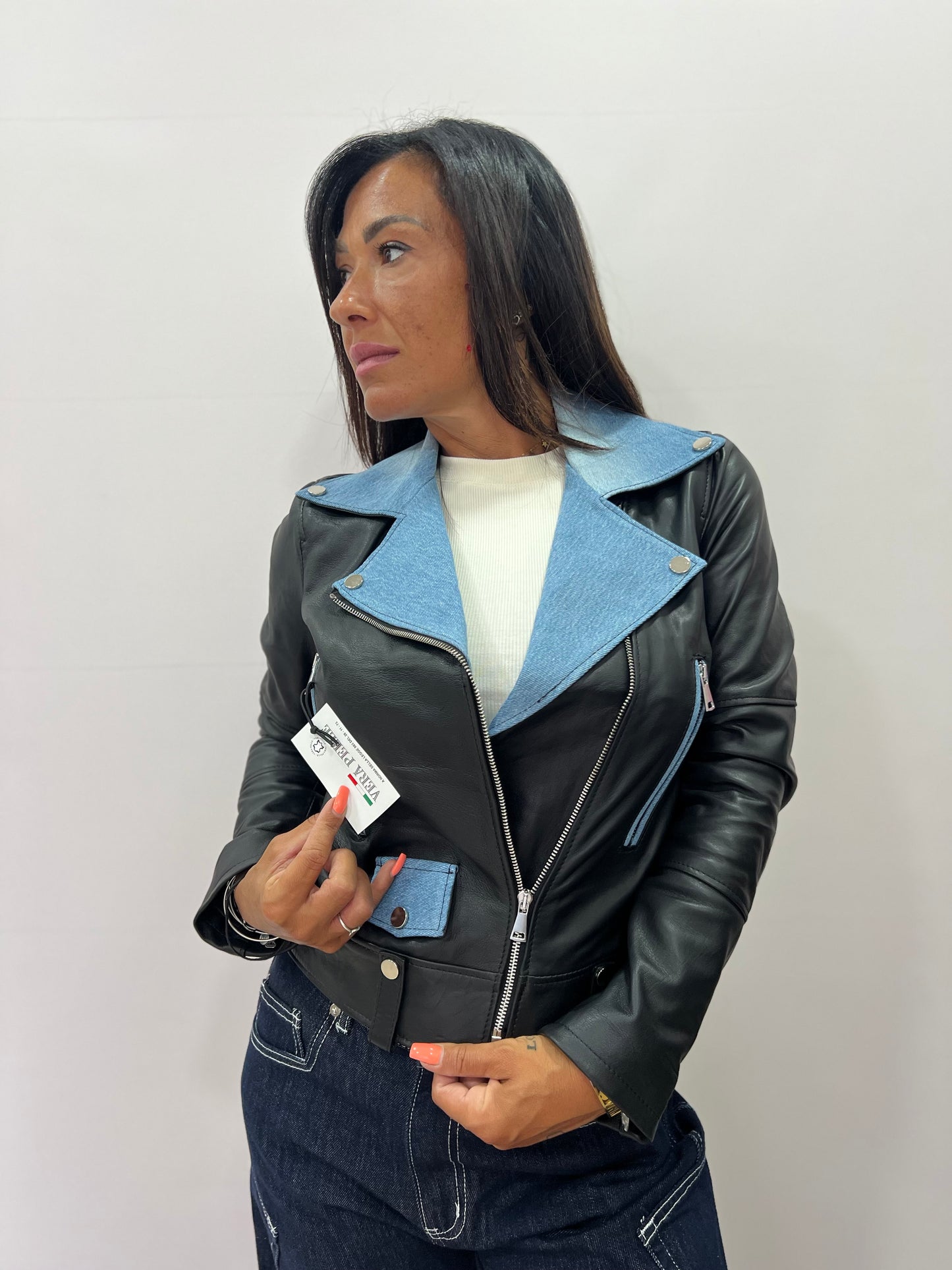 Giubbino chiodo donna pelle e jeans made in italy