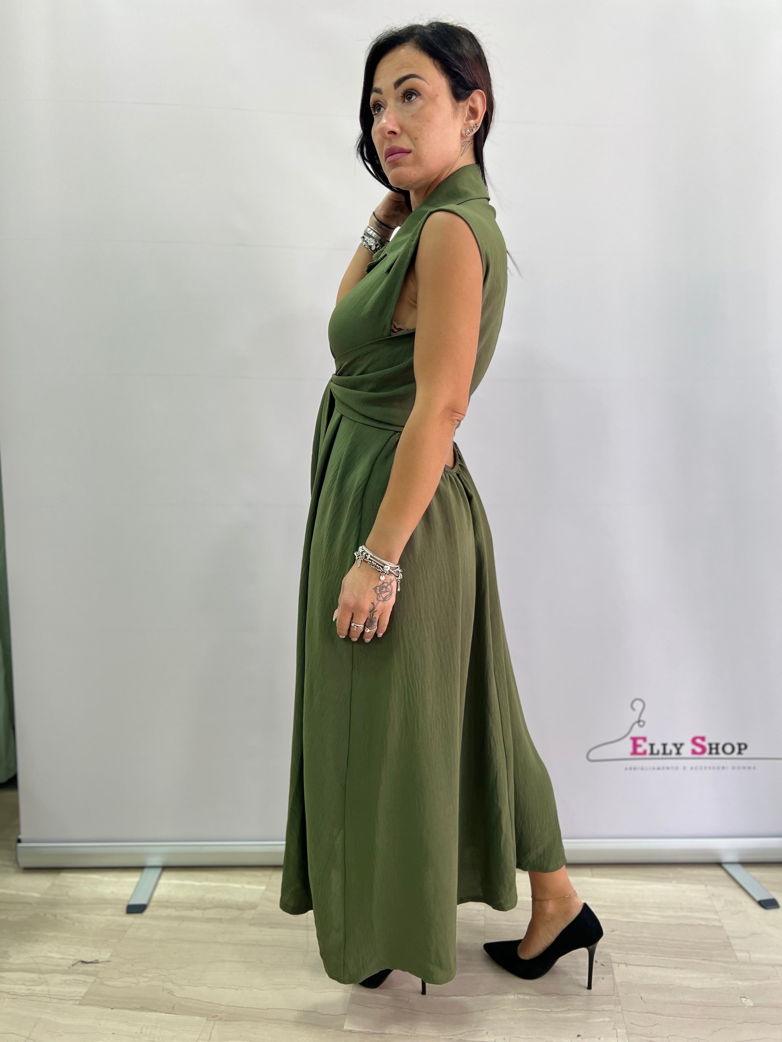 Abito lungo curvy donna smanicato con cintura – nero, verde militare o arancio