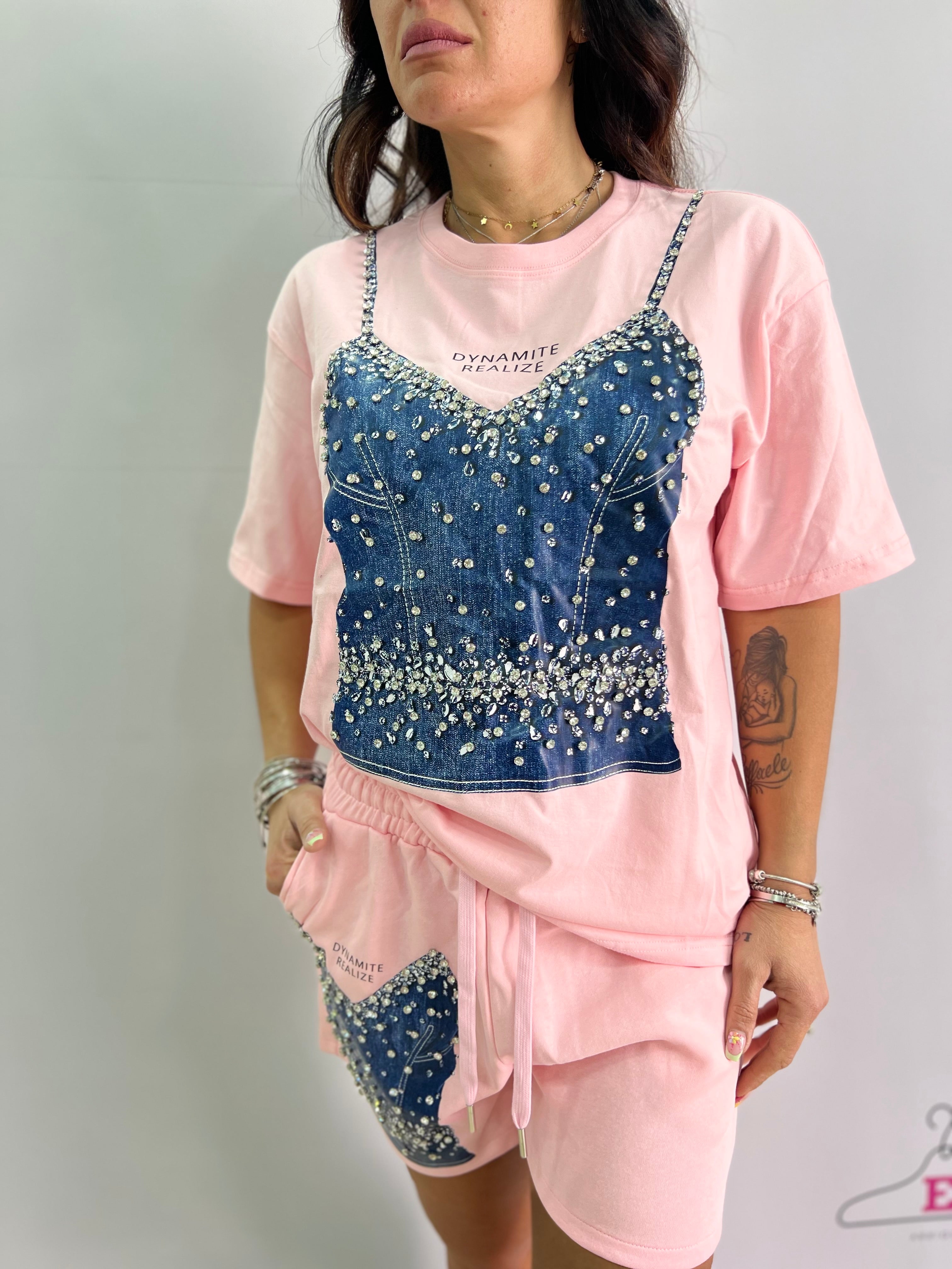 Completo donna estivo con stampa denim e strass – Taglia unica L/XL