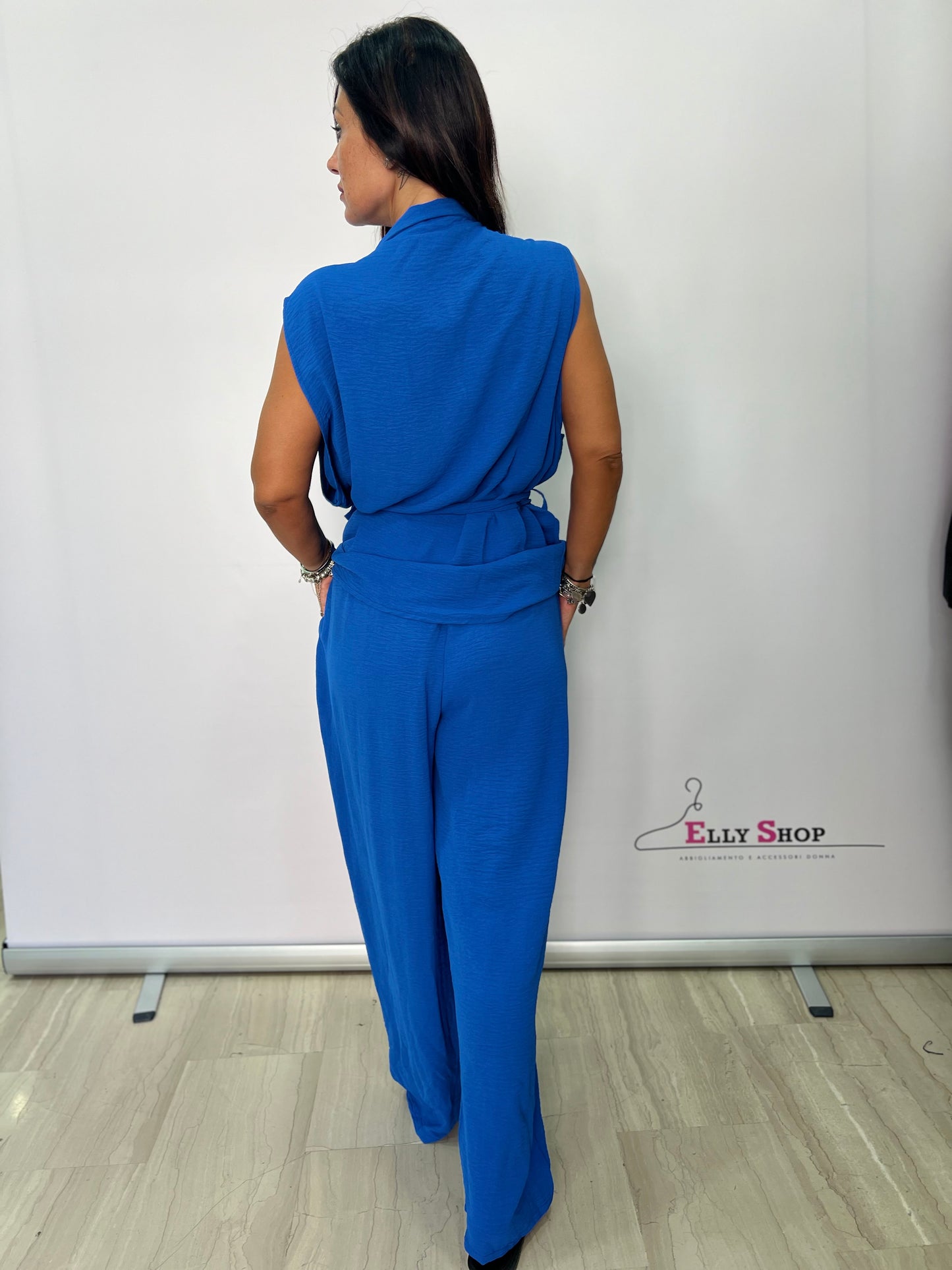 Completo curvy pantalone donna elegante con gilet lungo senza maniche – Blu, Nero, Fuxia