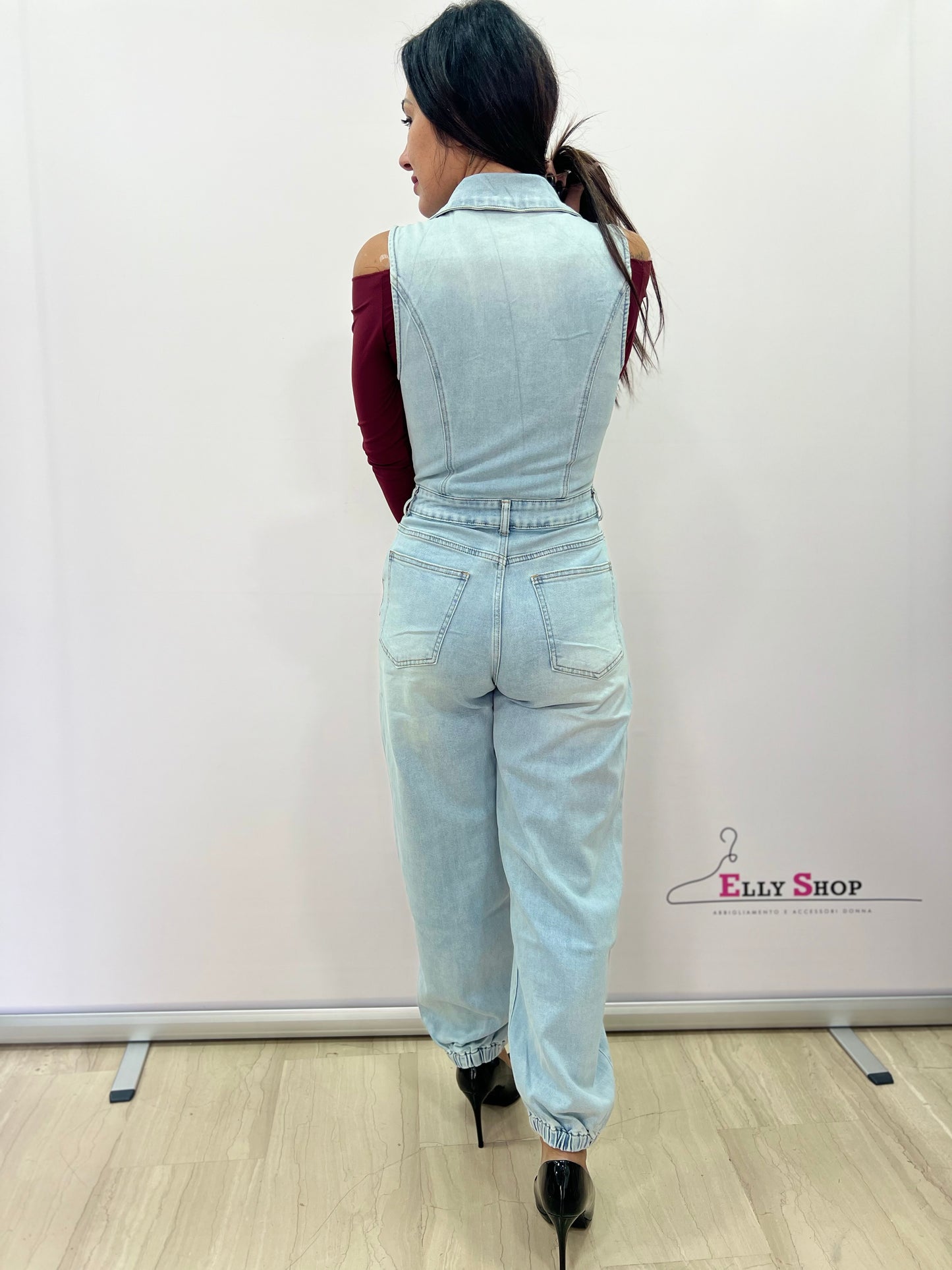 Salopette donna in denim con ganci frontali