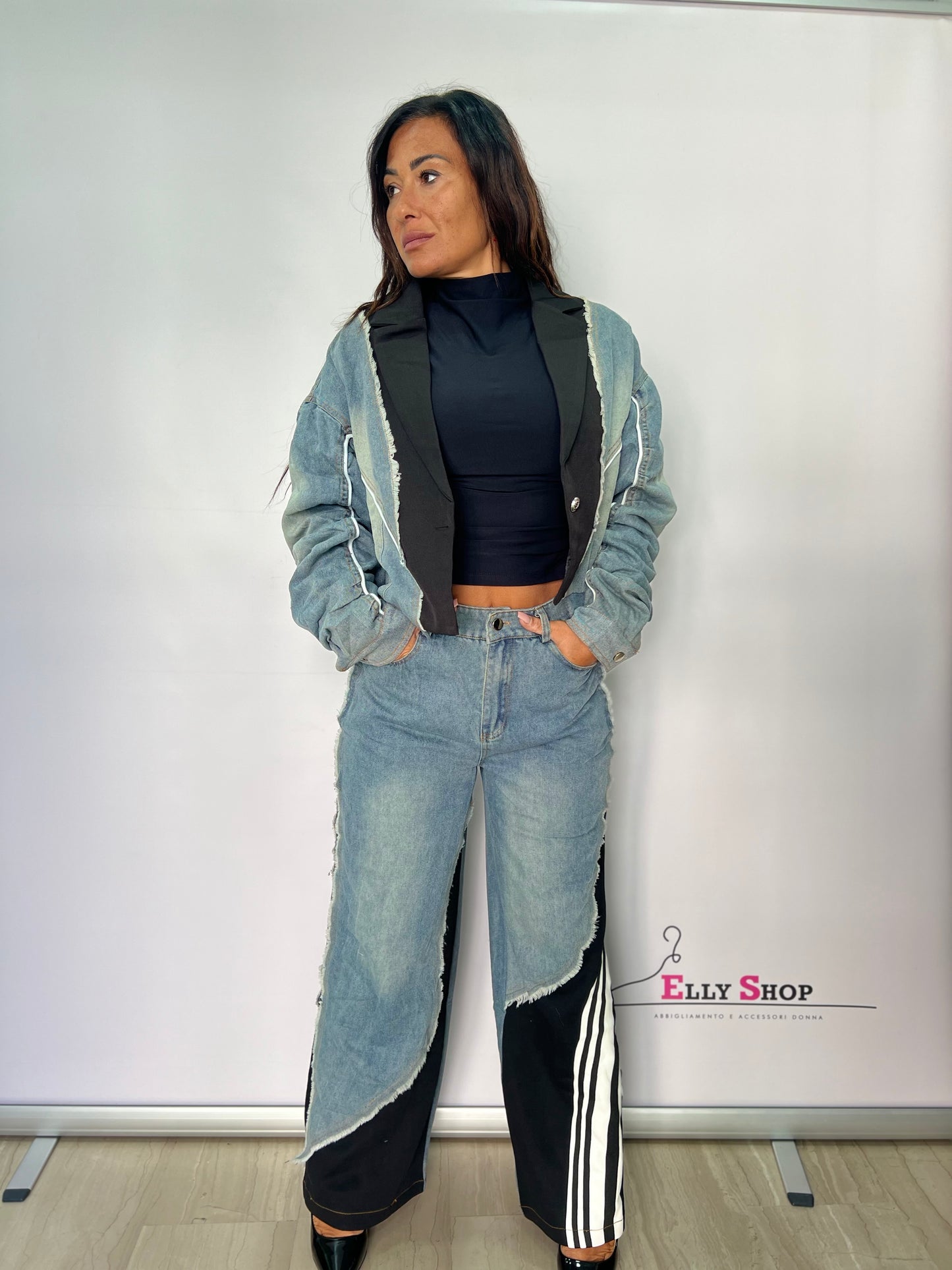 Completo denim e stoffa giacca e pantalone