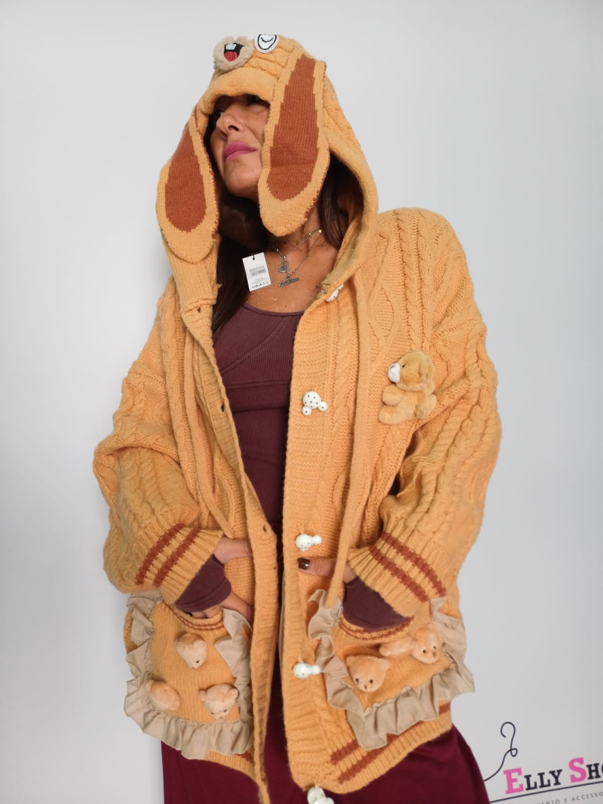 Cardigan donna cappuccio con dettagli peluche