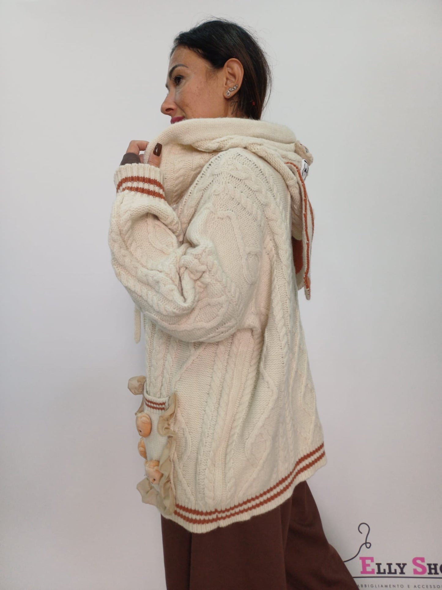 Cardigan donna cappuccio con dettagli peluche