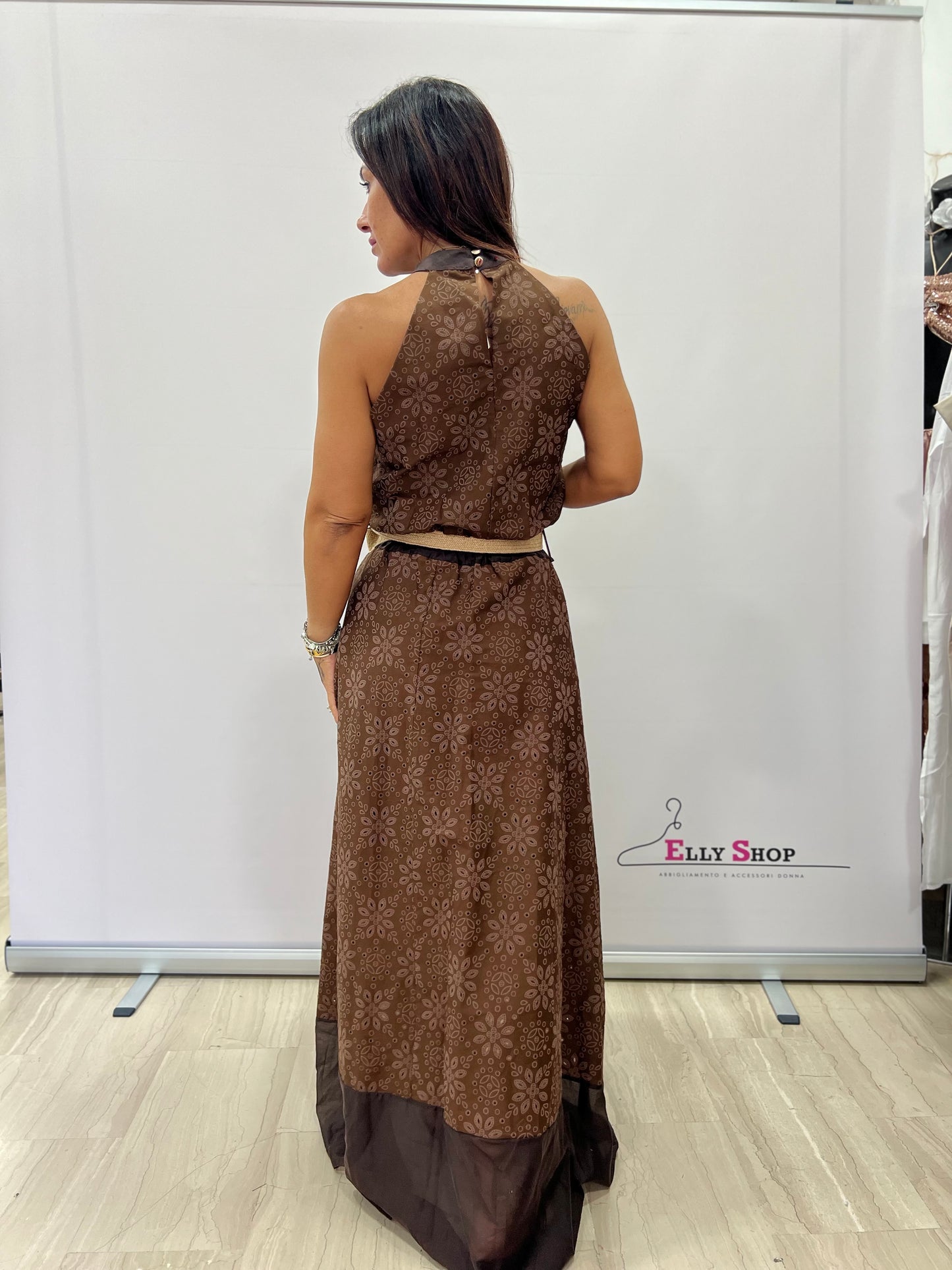 Completo Estivo Donna Gonna Lunga E Top Halter Azzurro e Marrone Ricamato