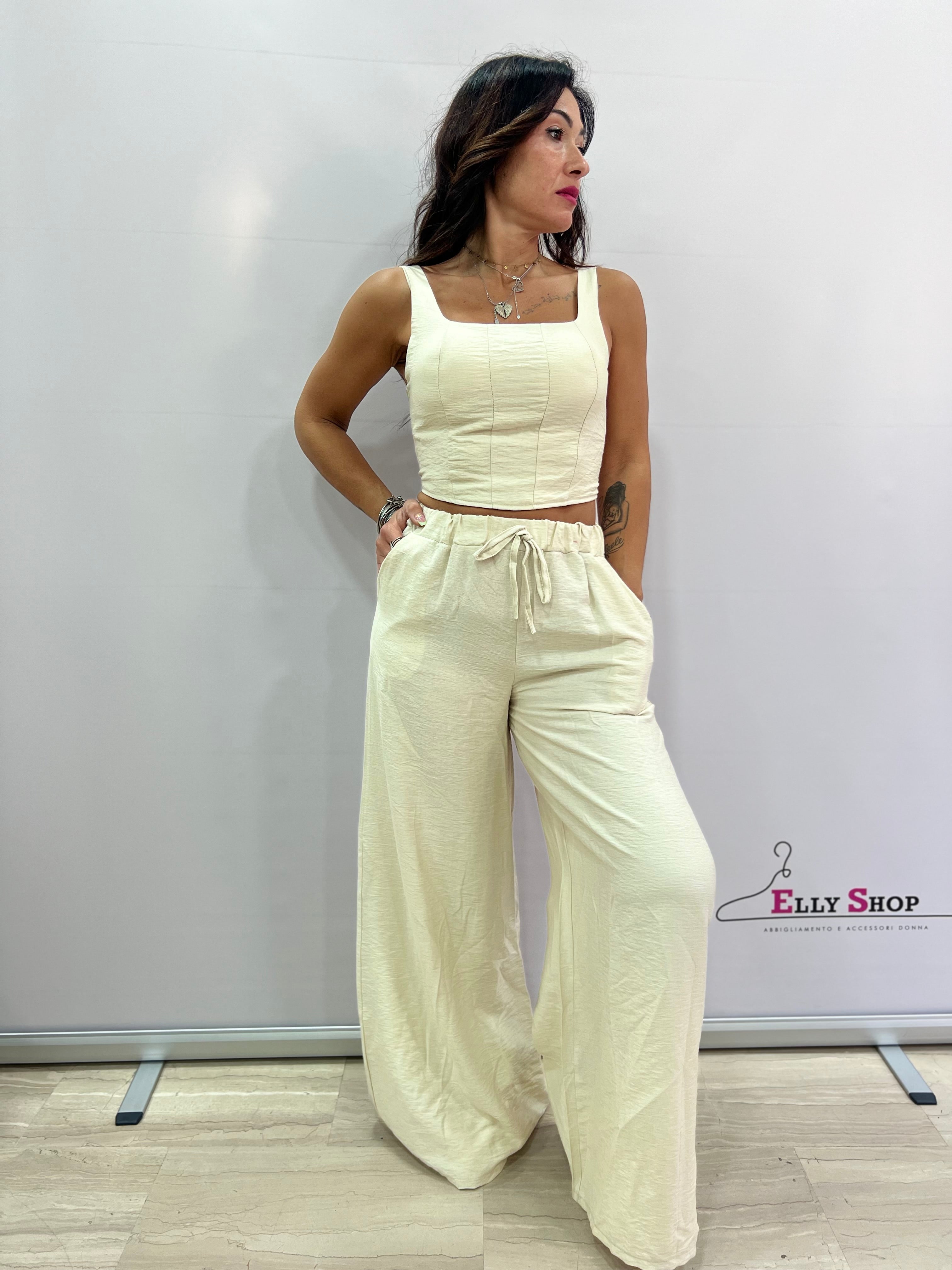 Completo Misto Lino Top e Pantalone Comodo a Zampa