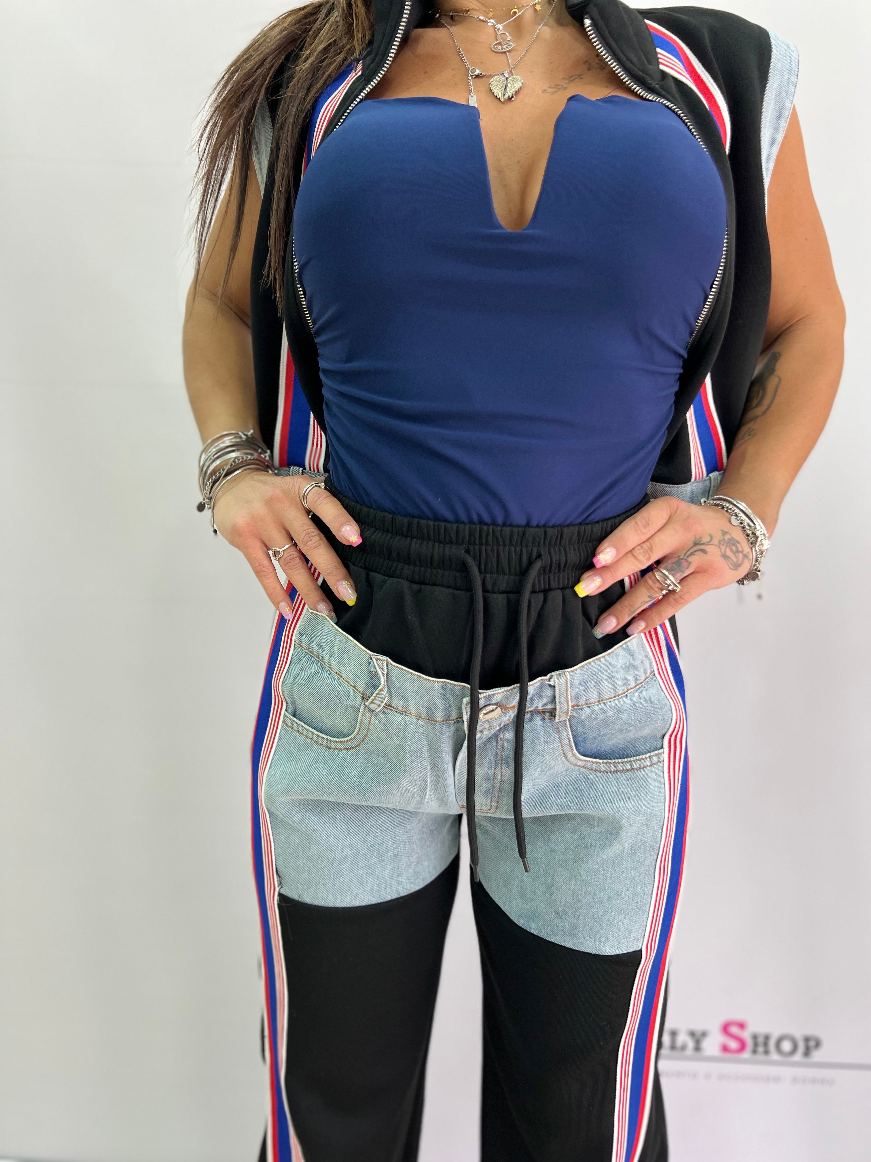 Completo donna smanicato con zip e dettaglio jeans – taglia unica fino a L