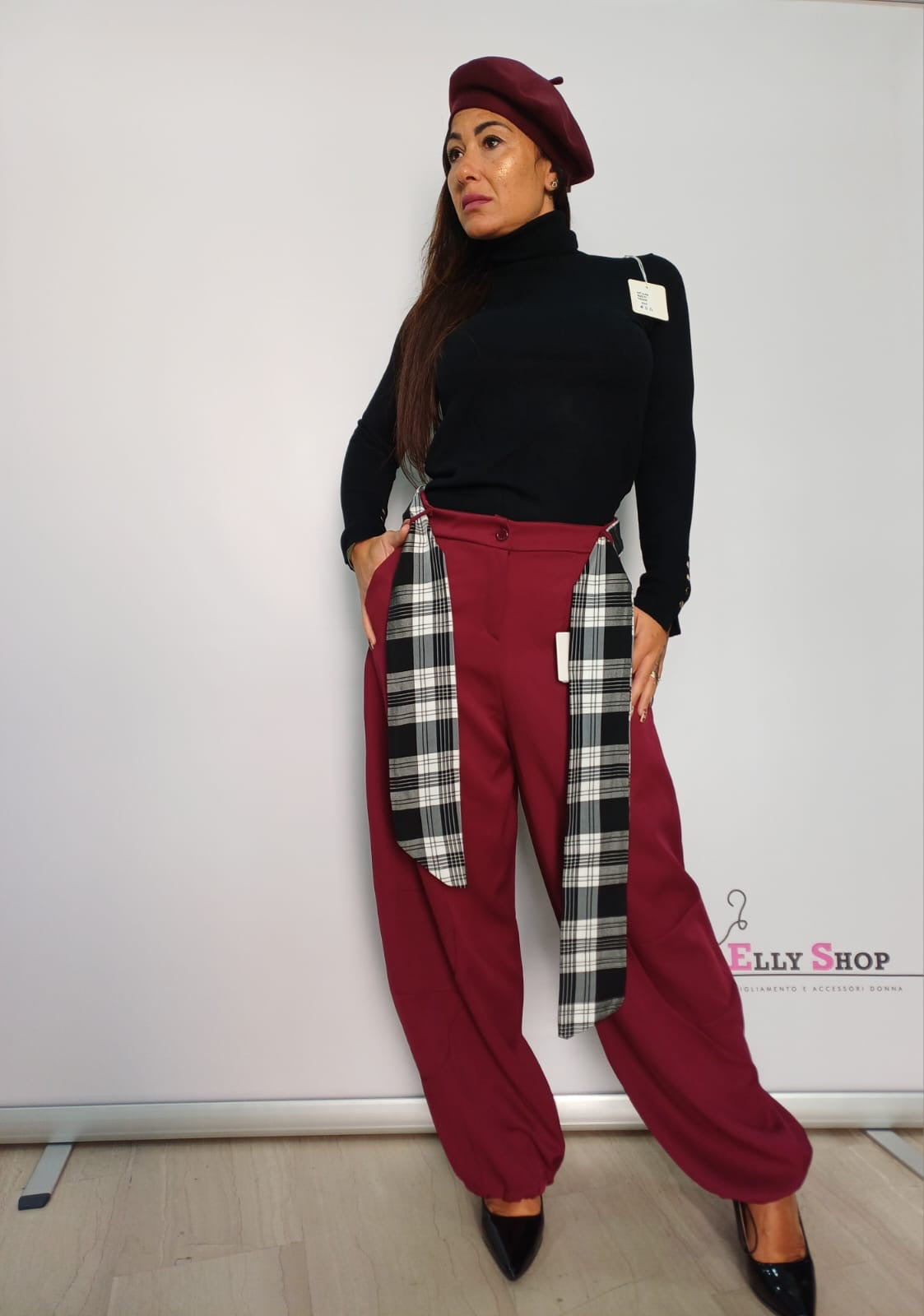 Pantalone donna bretelle scozzese
