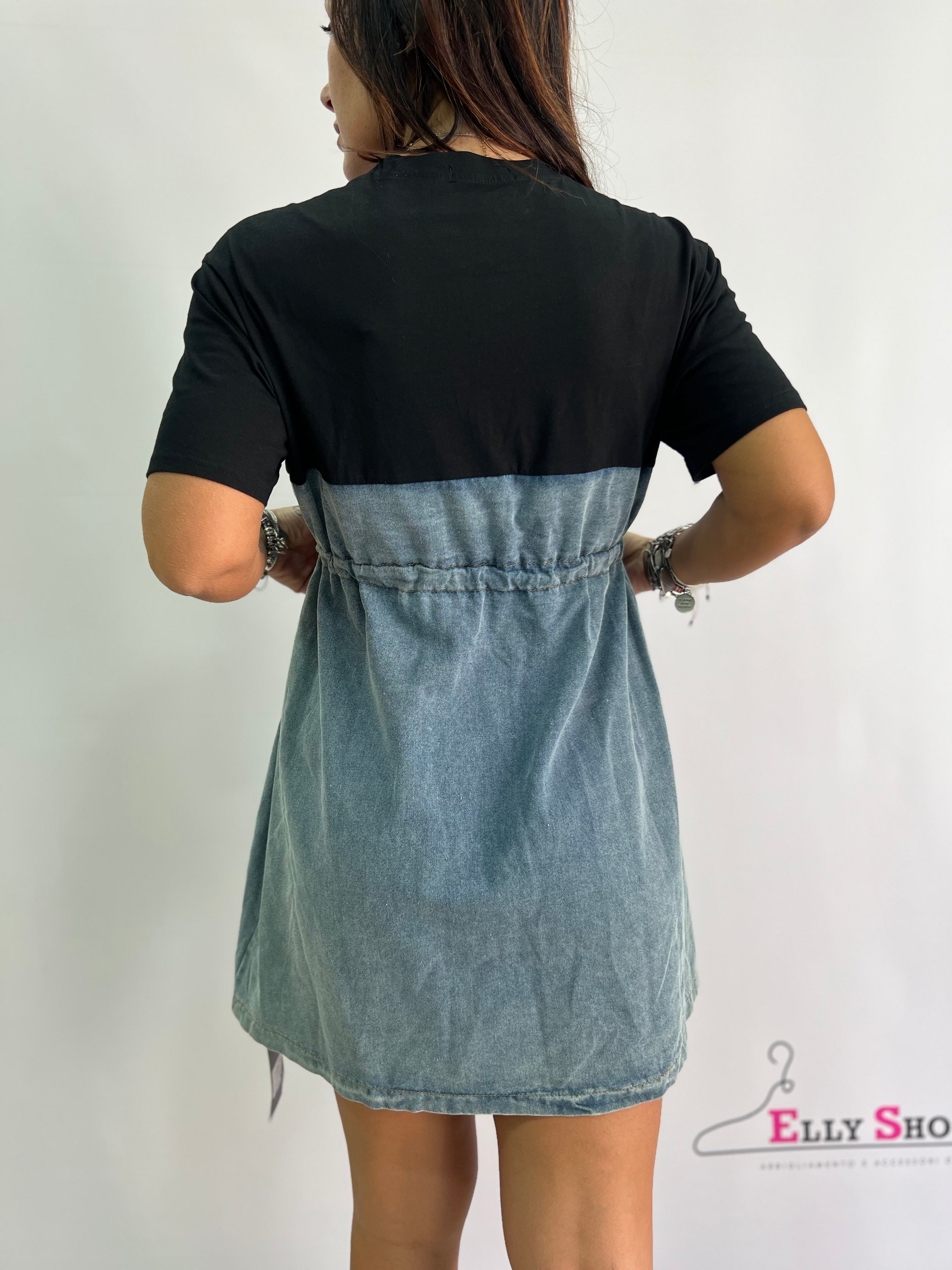 Vestito in Denim e Stoffa Tasche Laterali