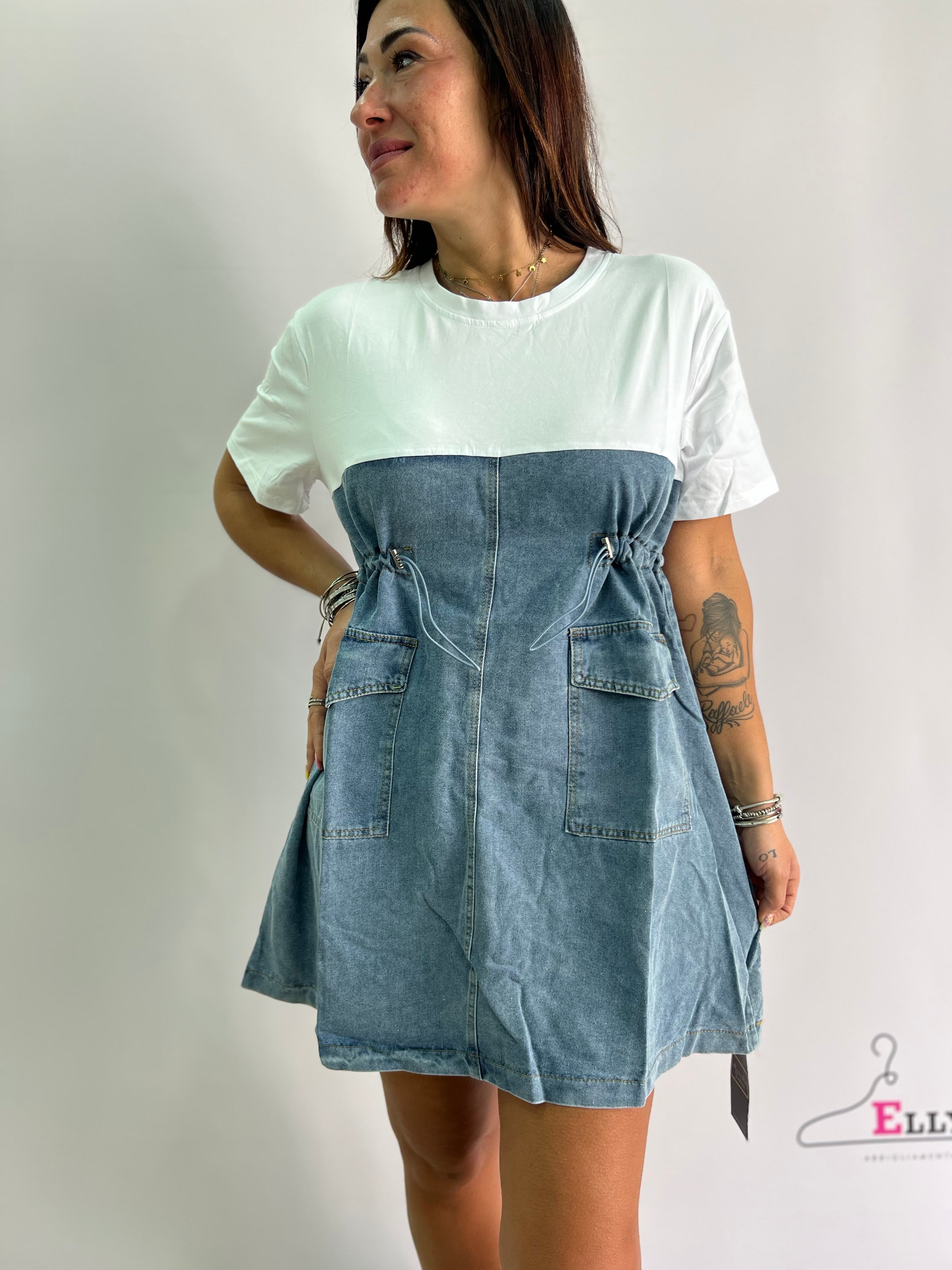 Vestito in Denim e Stoffa Tasche Laterali