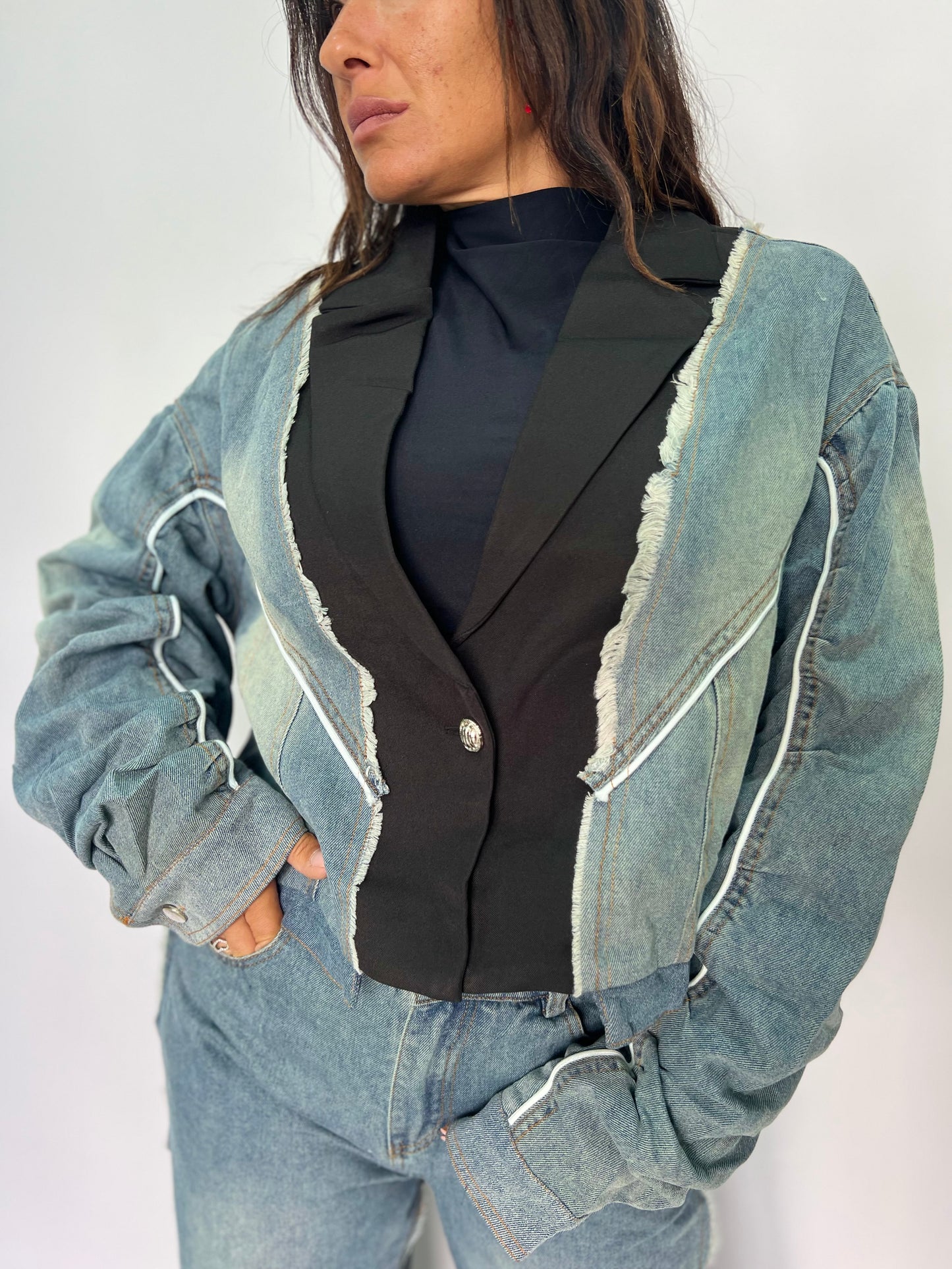 Completo denim e stoffa giacca e pantalone