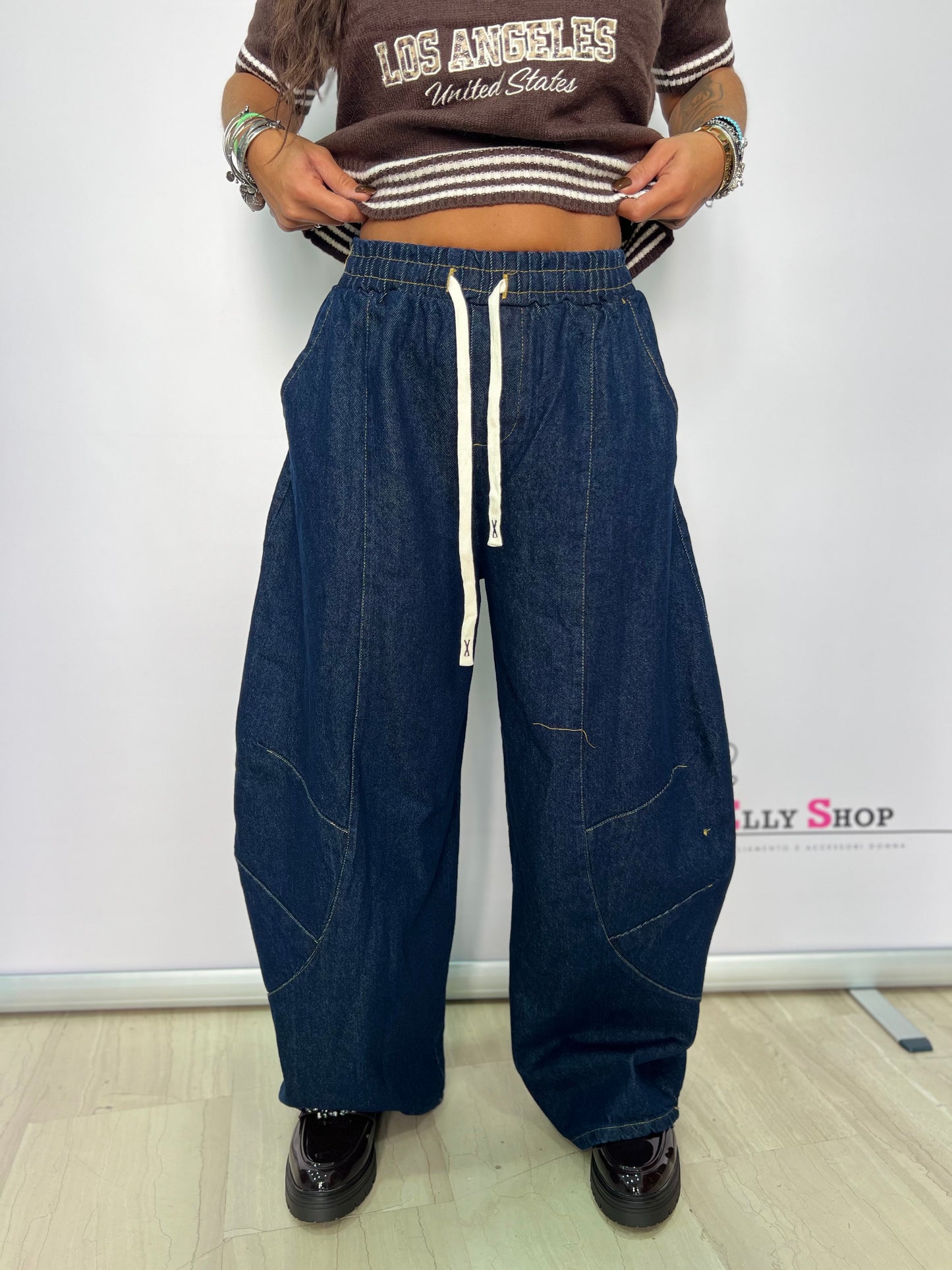 Pantalone in denim con molla in vita balloon