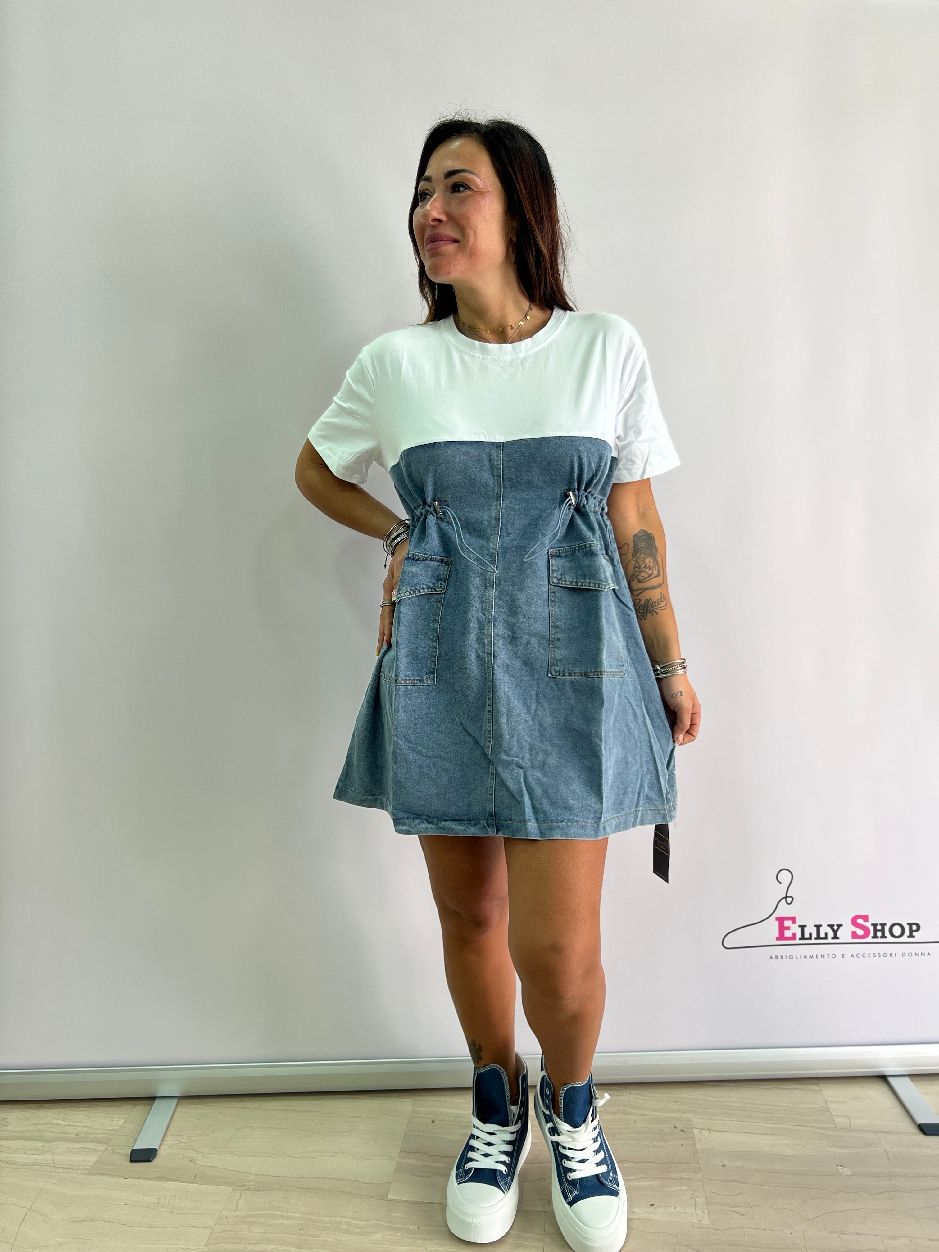 Vestito in Denim e Stoffa Tasche Laterali
